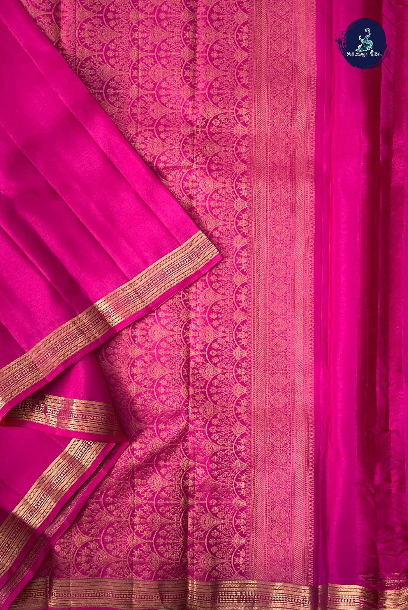 Dark Pink Half Pure Silk Saree With Plain Pattern
