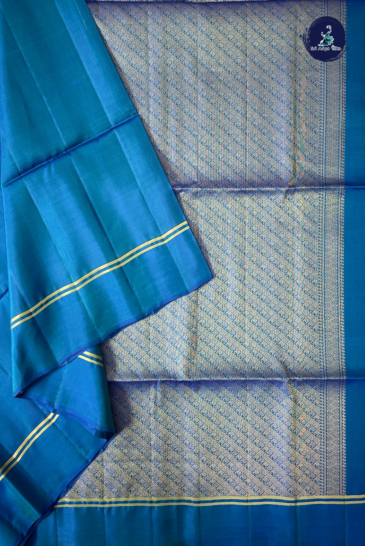 Peacock Blue Half Pure Silk Saree With Plain Pattern