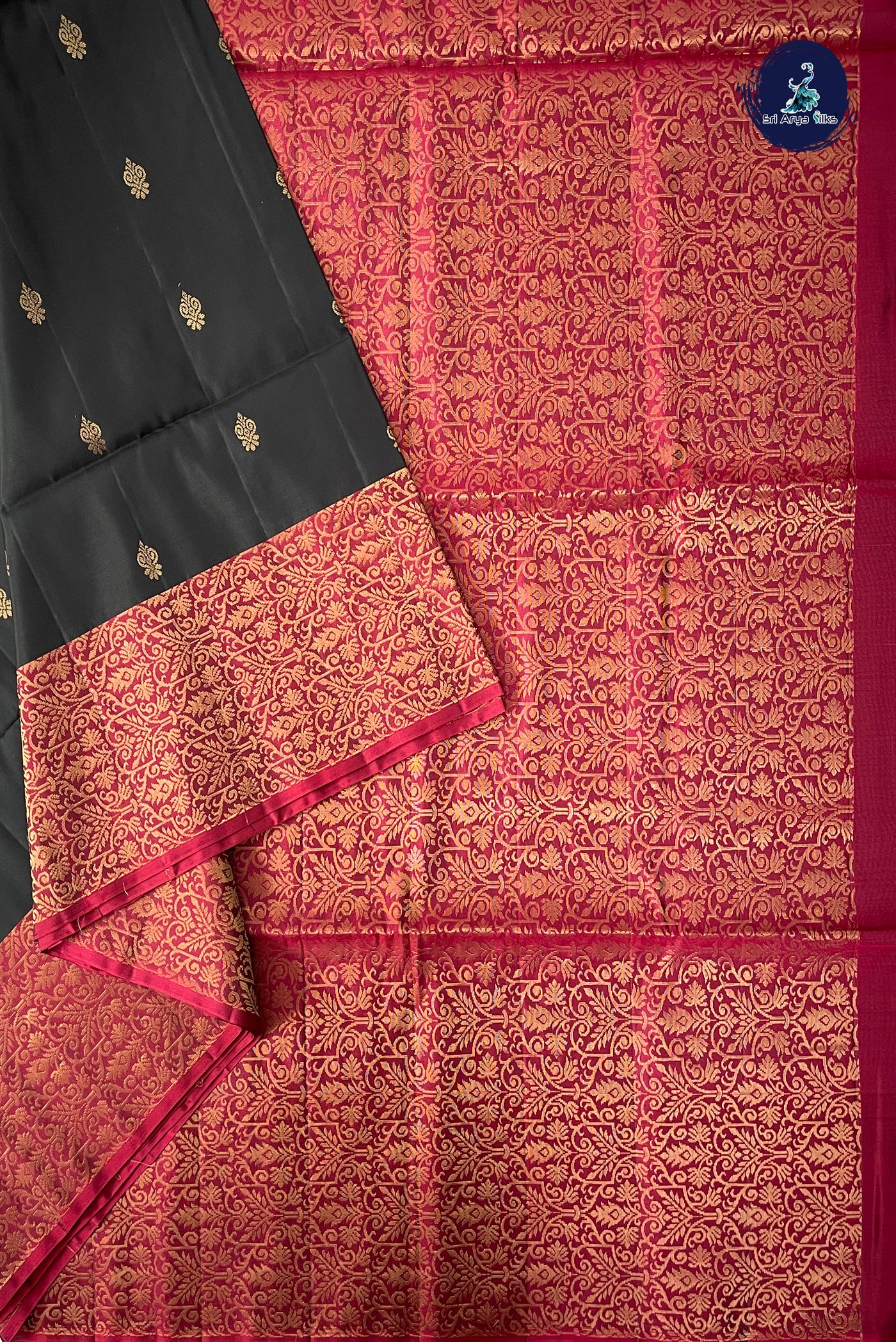Black Half Pure Silk Saree With Zari Buttas Pattern