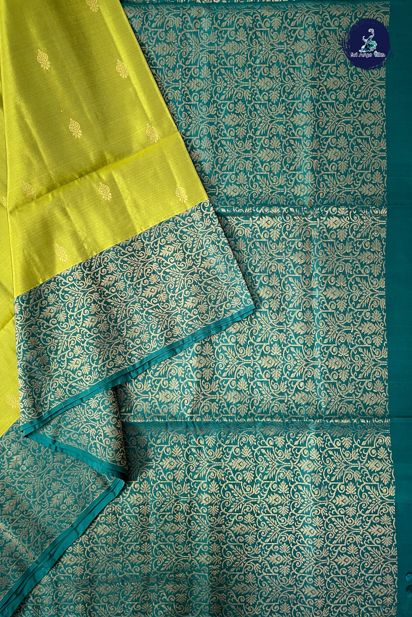 Lime Green Half Pure Silk Saree With Zari Buttas Pattern
