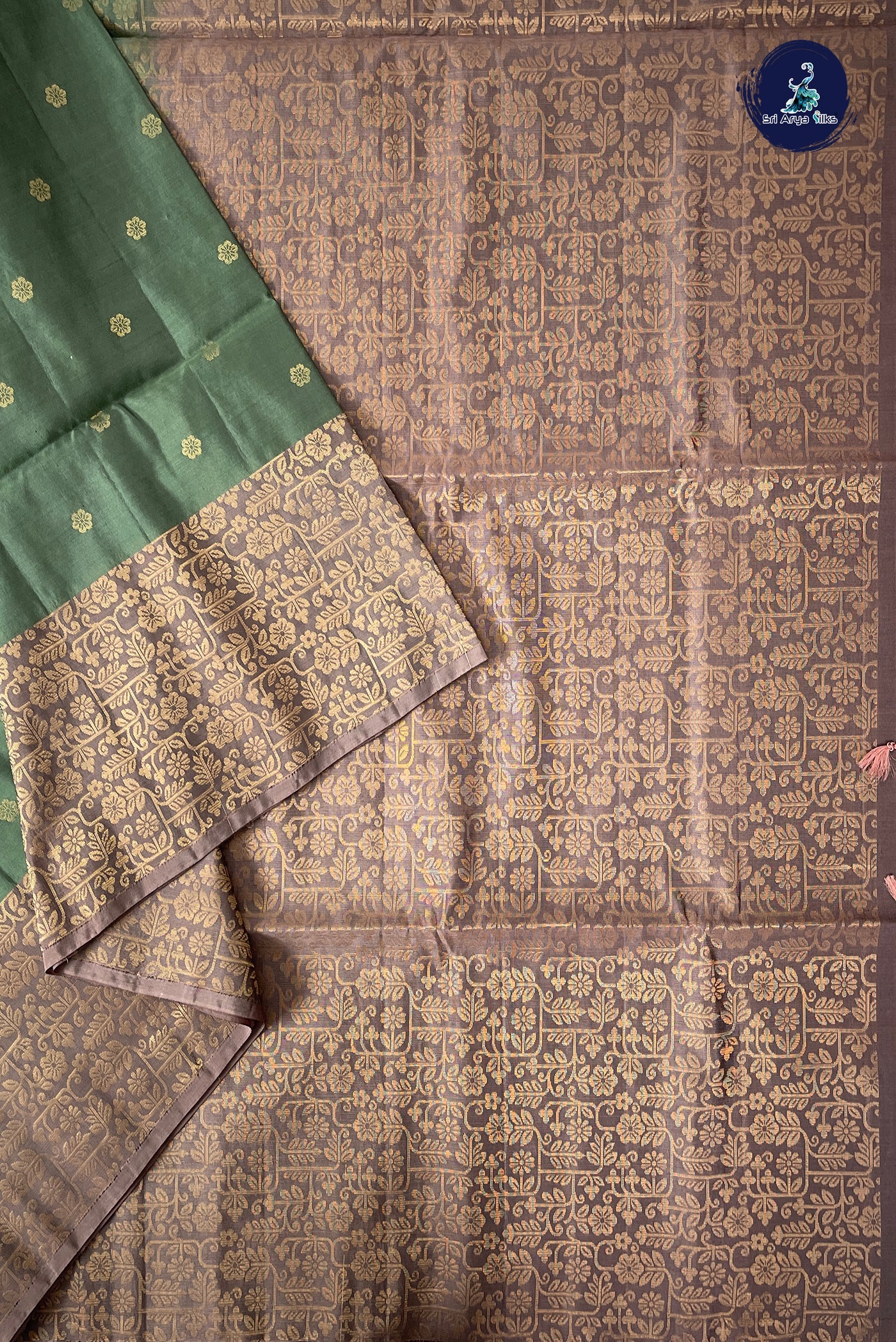Greenish Grey Half Pure Silk Saree With Zari Buttas Pattern