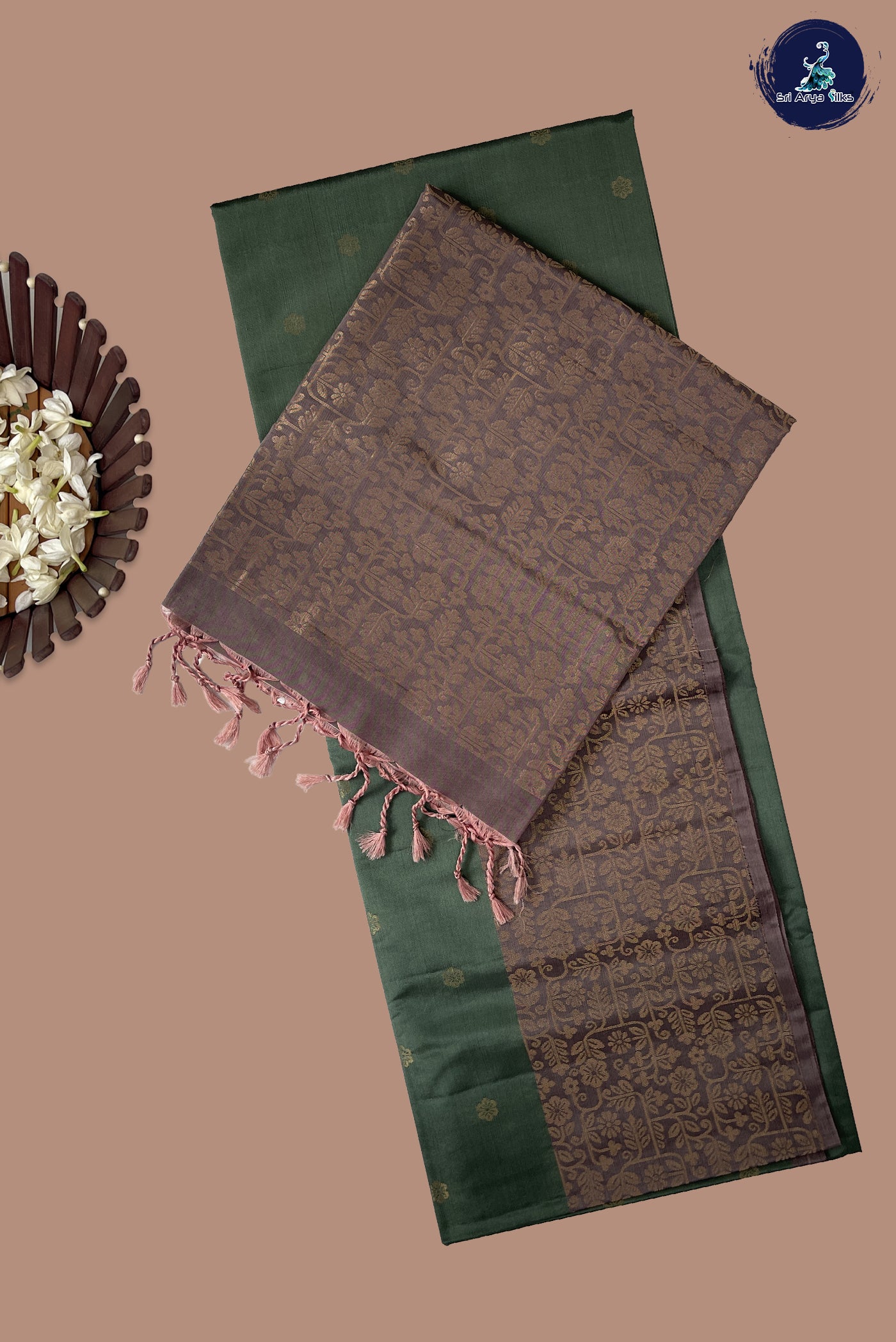 Greenish Grey Half Pure Silk Saree With Zari Buttas Pattern