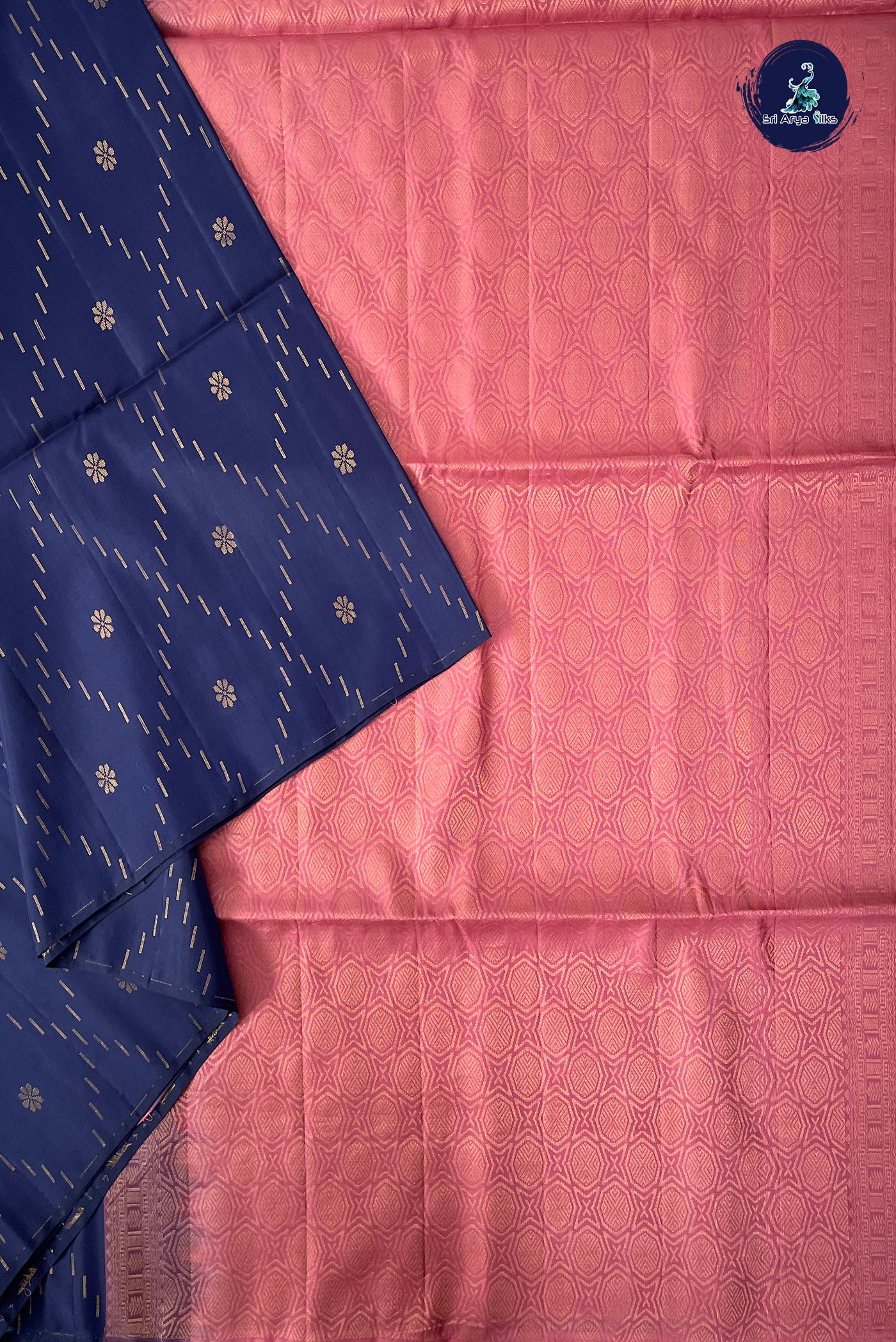 Navy Blue Half Pure Silk Saree With Zari Woven Pattern