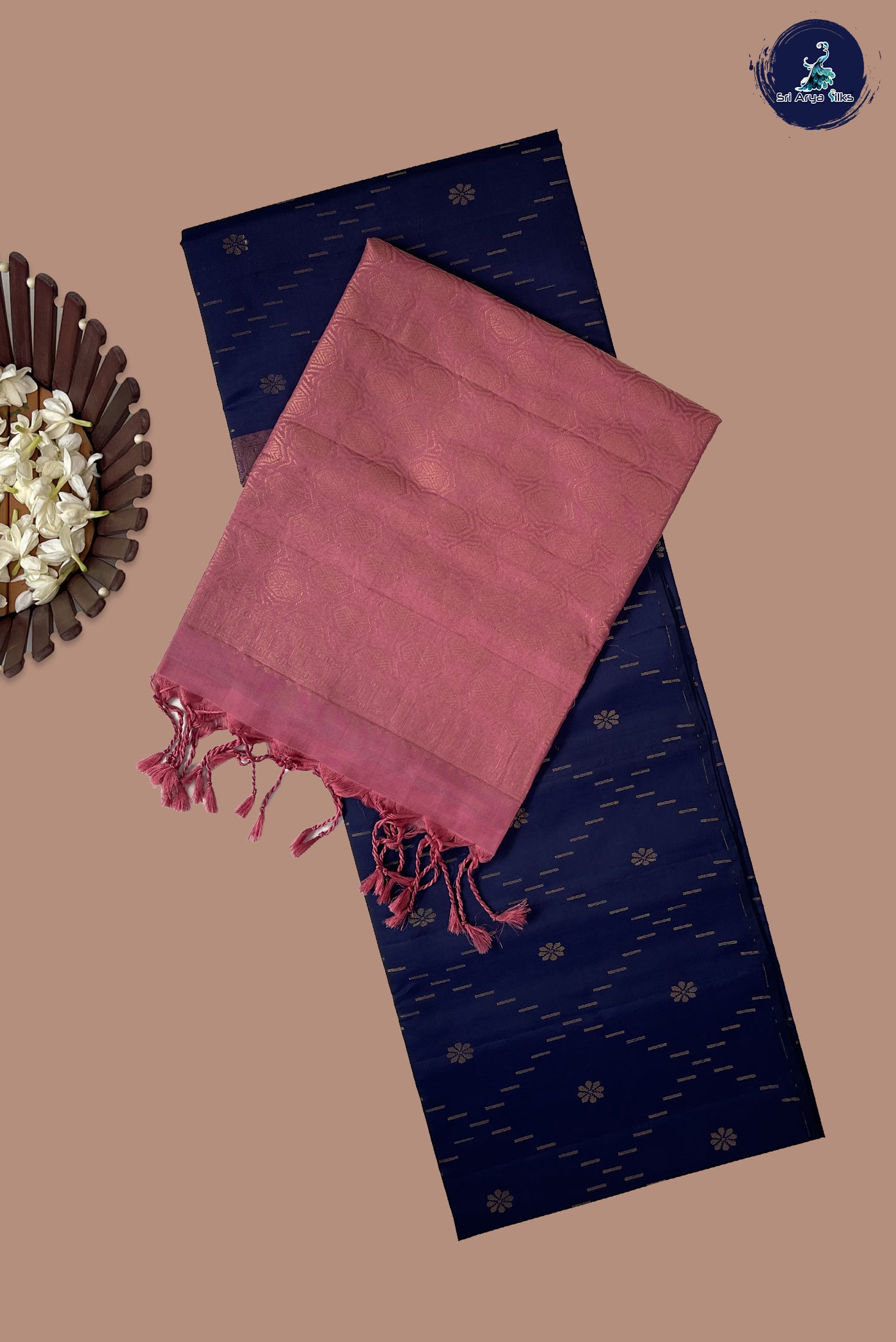 Navy Blue Half Pure Silk Saree With Zari Woven Pattern
