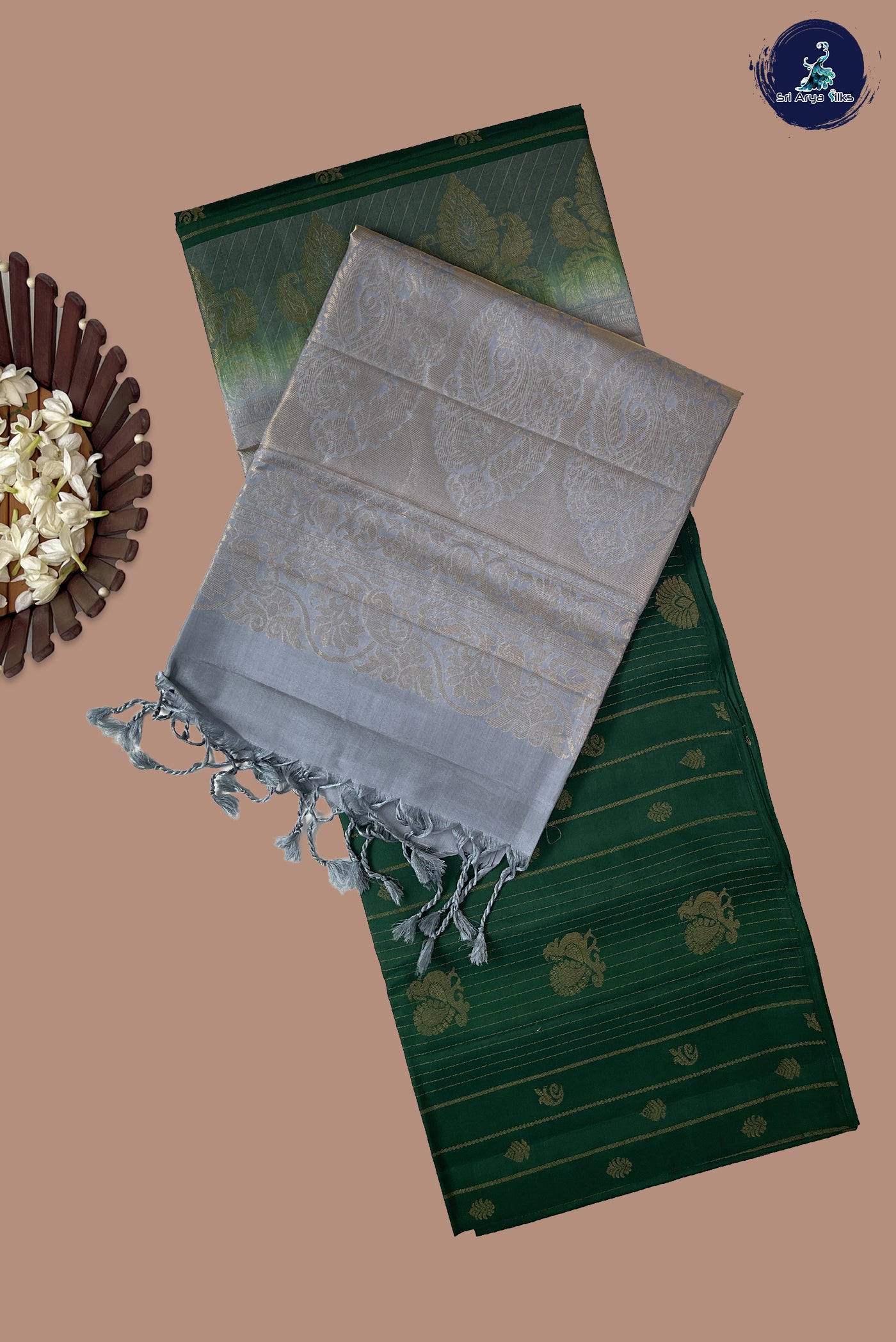 Bottle Green Half Pure Silk Saree With Zari Woven Pattern