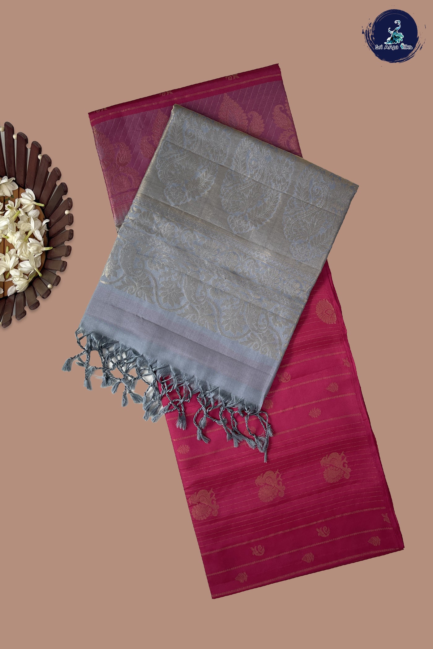 Dark Pink Half Pure Silk Saree With Zari Woven Pattern