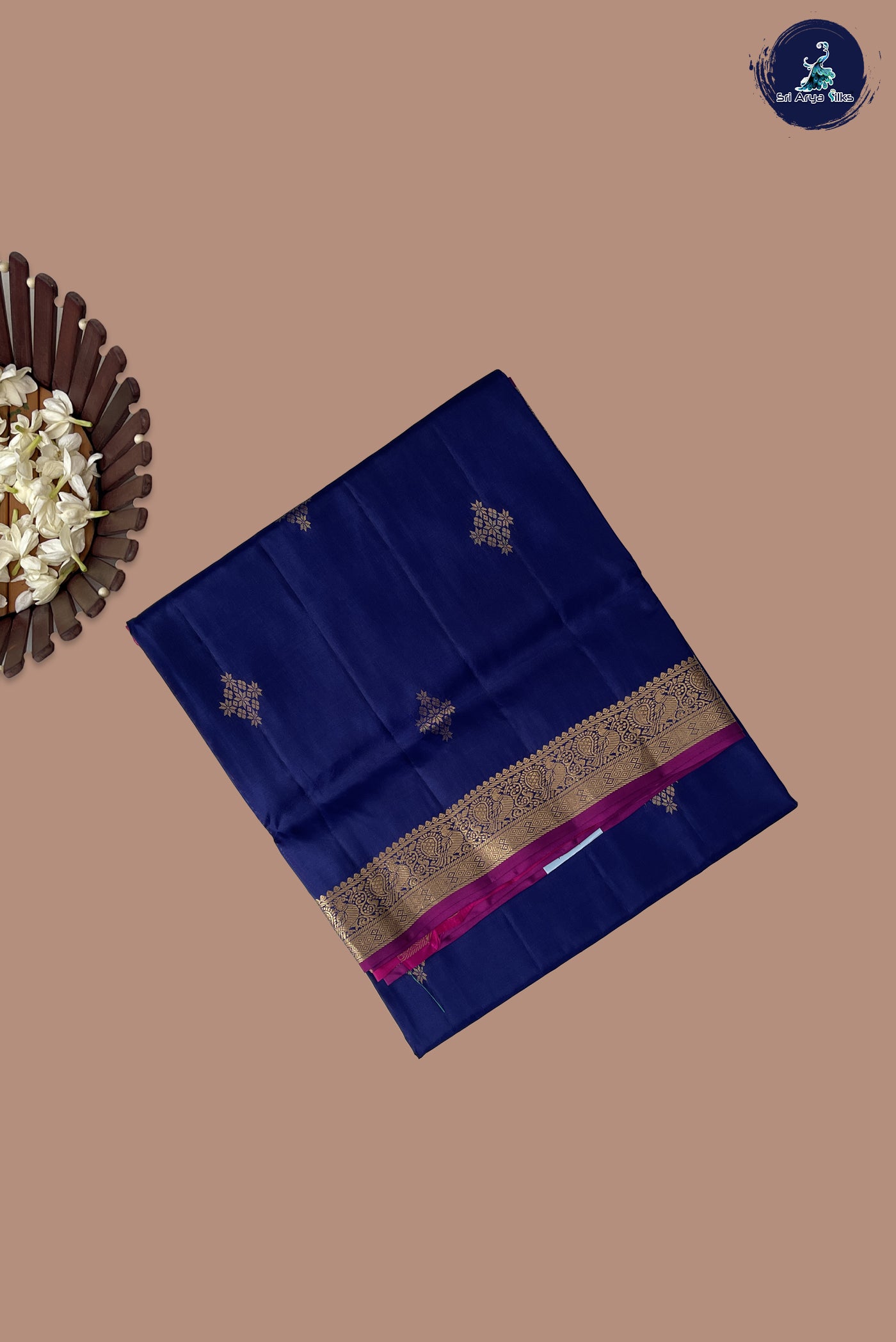 Navy Blue Half Pure Silk Saree With Zari Buttas Pattern