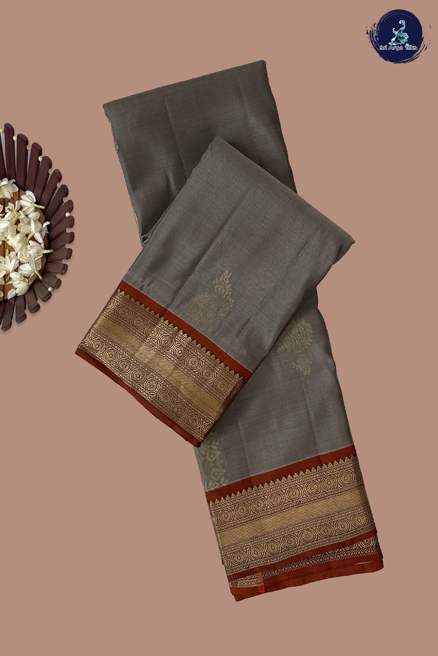Grey Half Pure Silk Saree With Zari Buttas Pattern