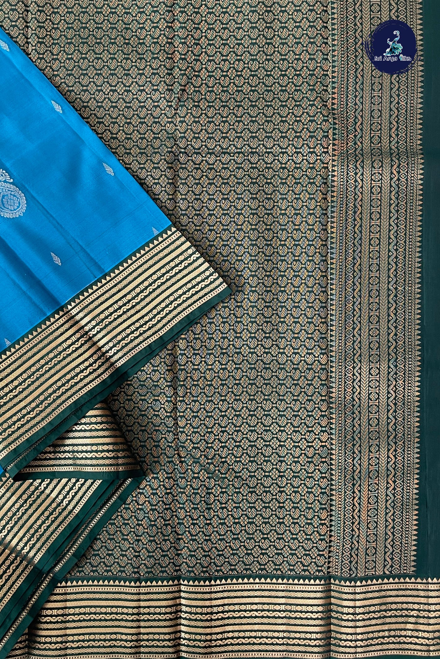 Copper Sulphate Blue Half Pure Silk Saree With Zari Buttas Pattern
