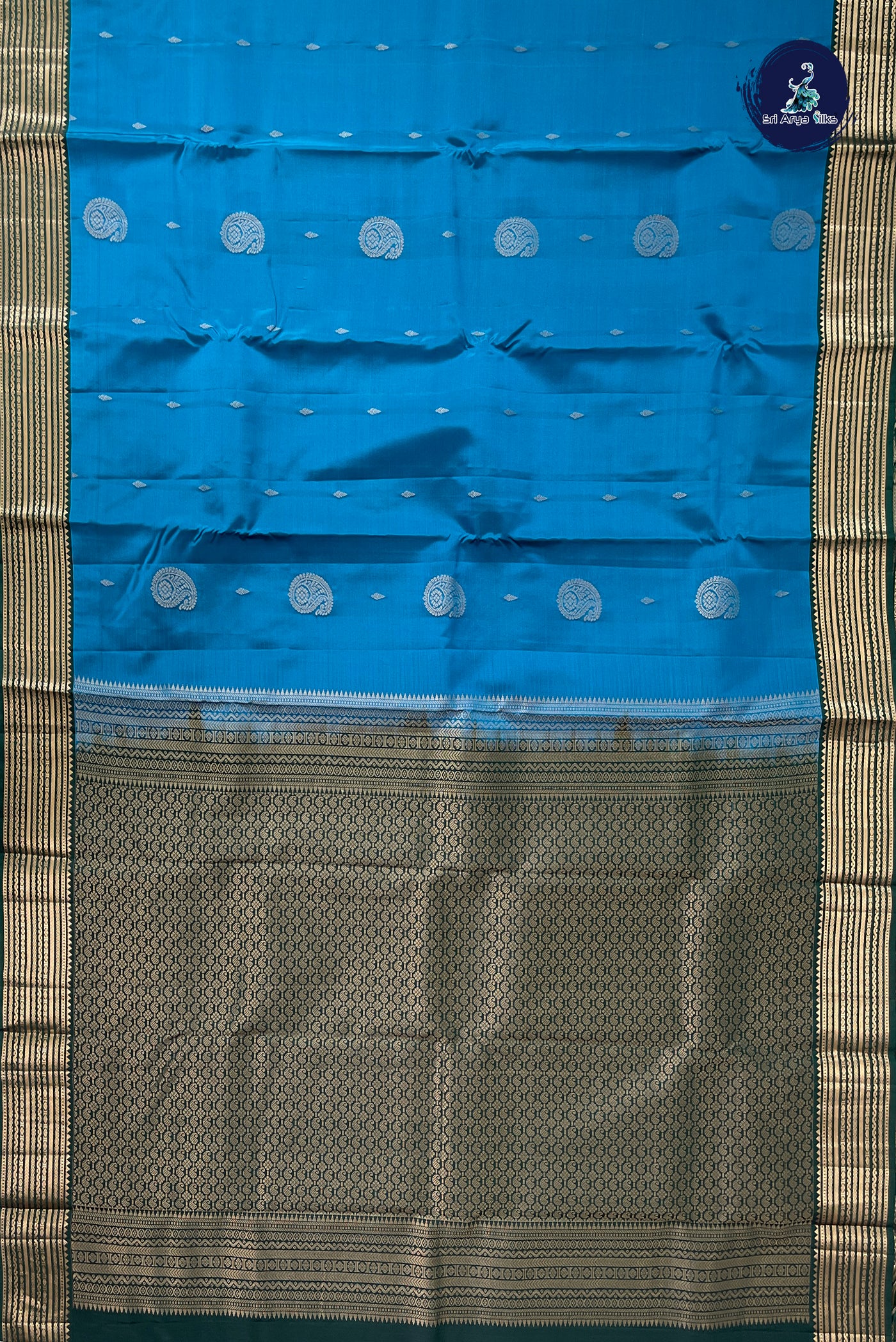 Copper Sulphate Blue Half Pure Silk Saree With Zari Buttas Pattern