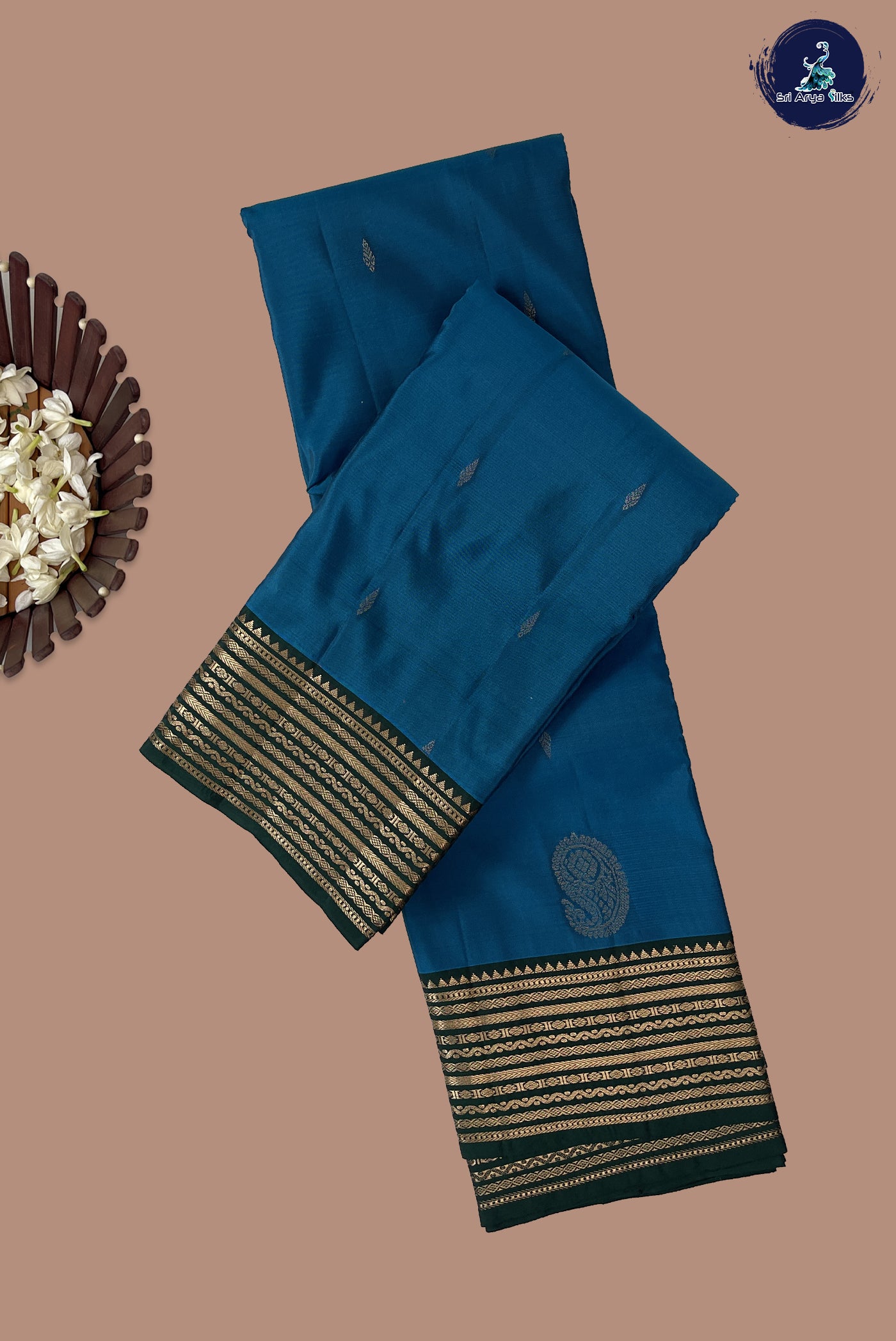 Copper Sulphate Blue Half Pure Silk Saree With Zari Buttas Pattern