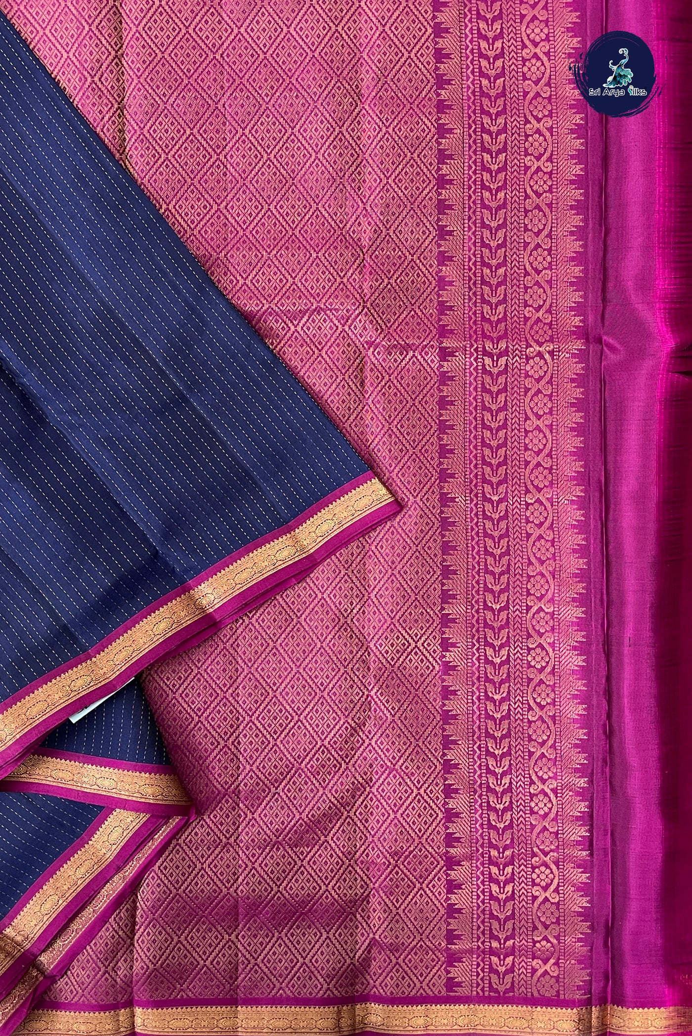 Navy Blue Half Pure Silk Saree With Zari Buttas Pattern