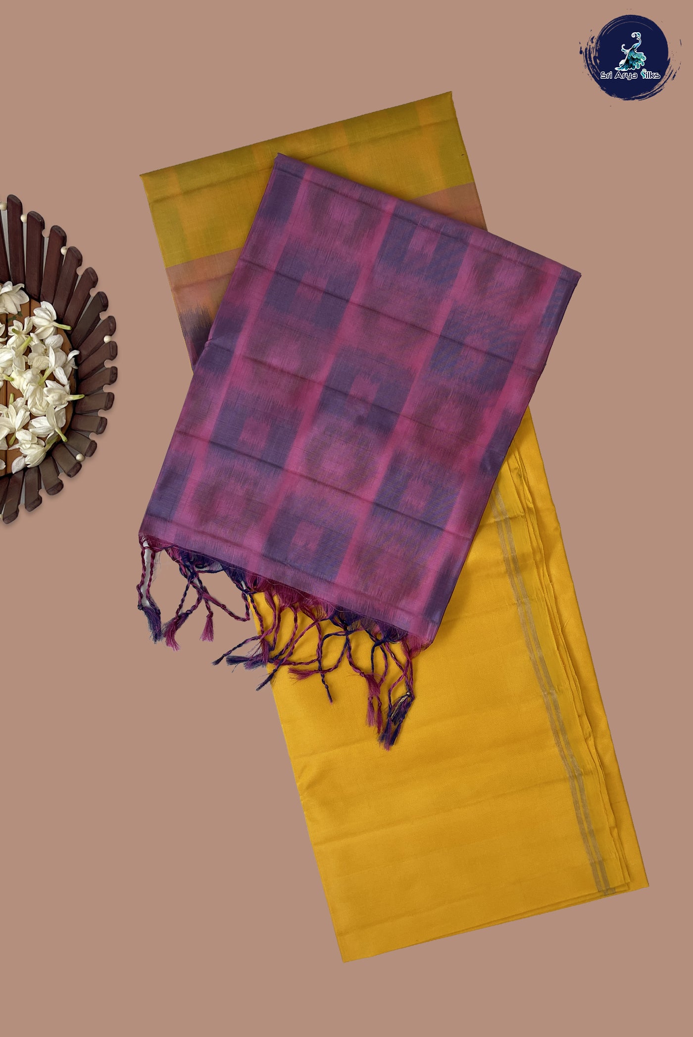 Yellow Half Pure Silk Saree With Plain Pattern