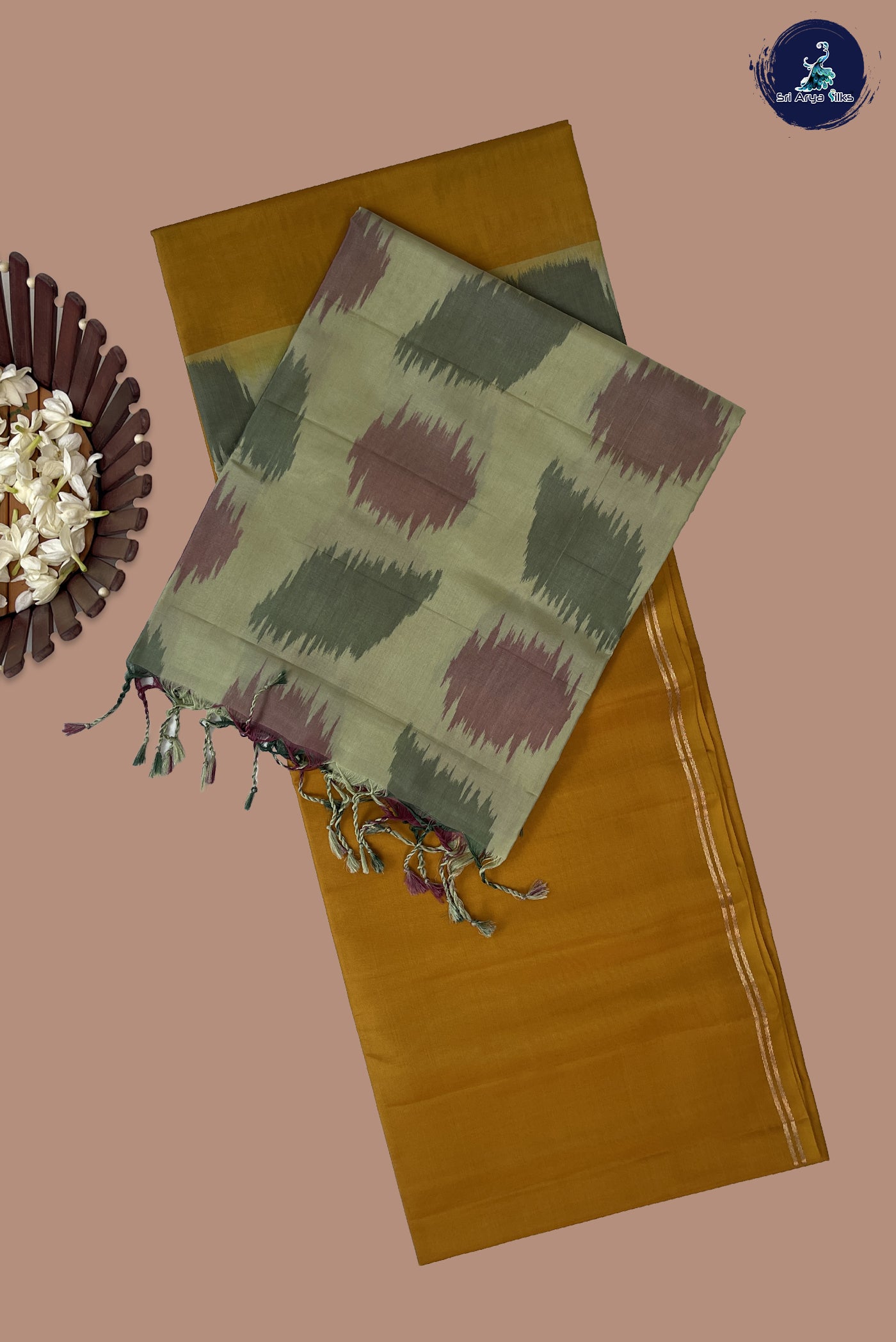 Mustard Yellow Half Pure Silk Saree With Plain Pattern