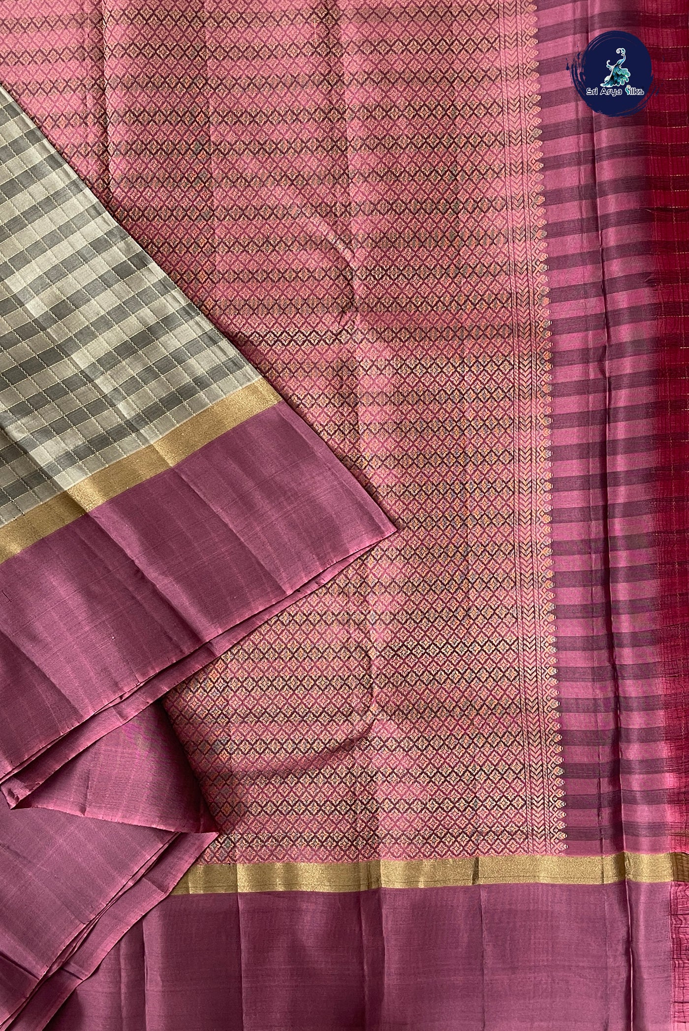 Dual Tone Grey Half Pure Silk Saree With Zari Checked Pattern