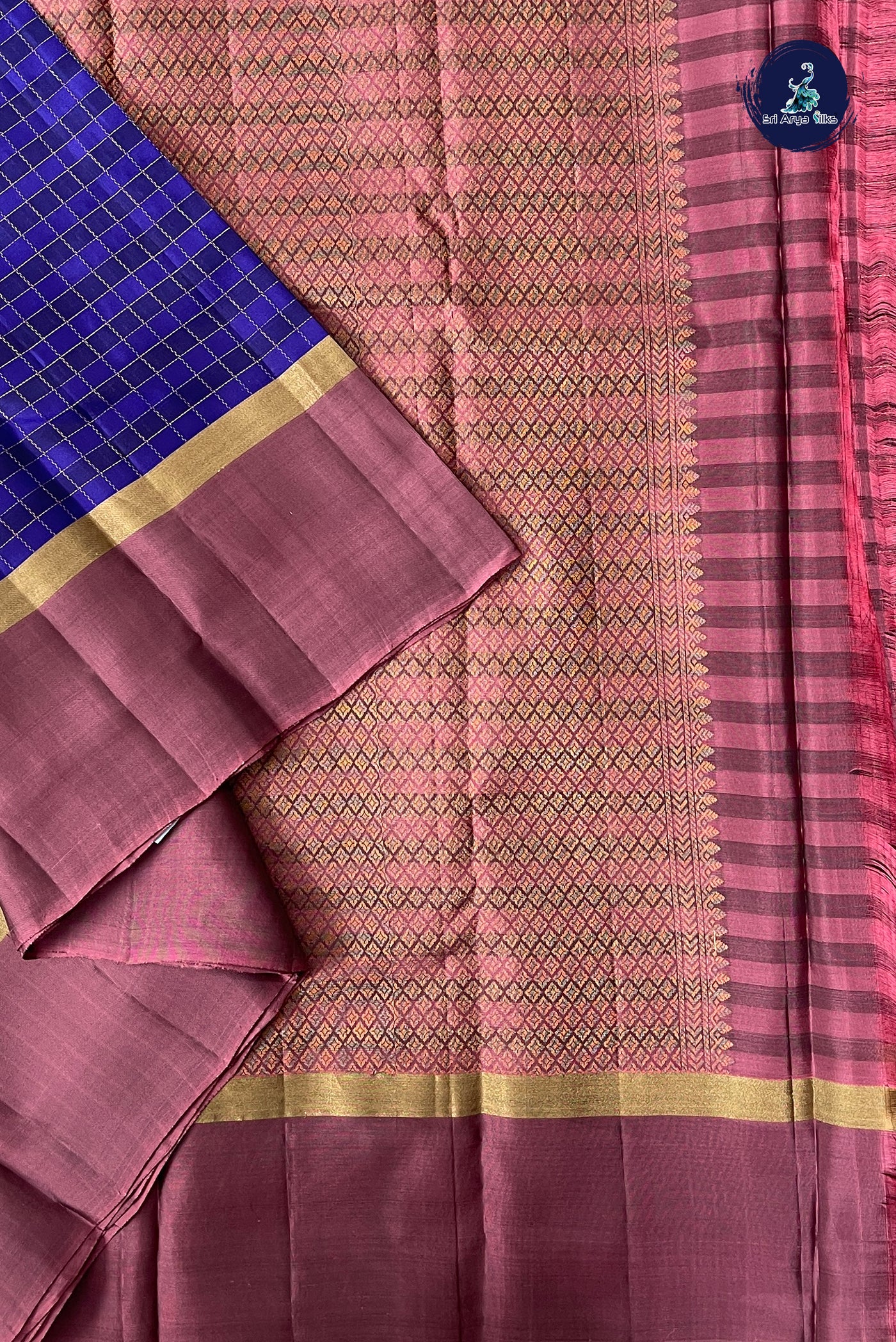 MS Blue Half Pure Silk Saree With Zari Checked Pattern