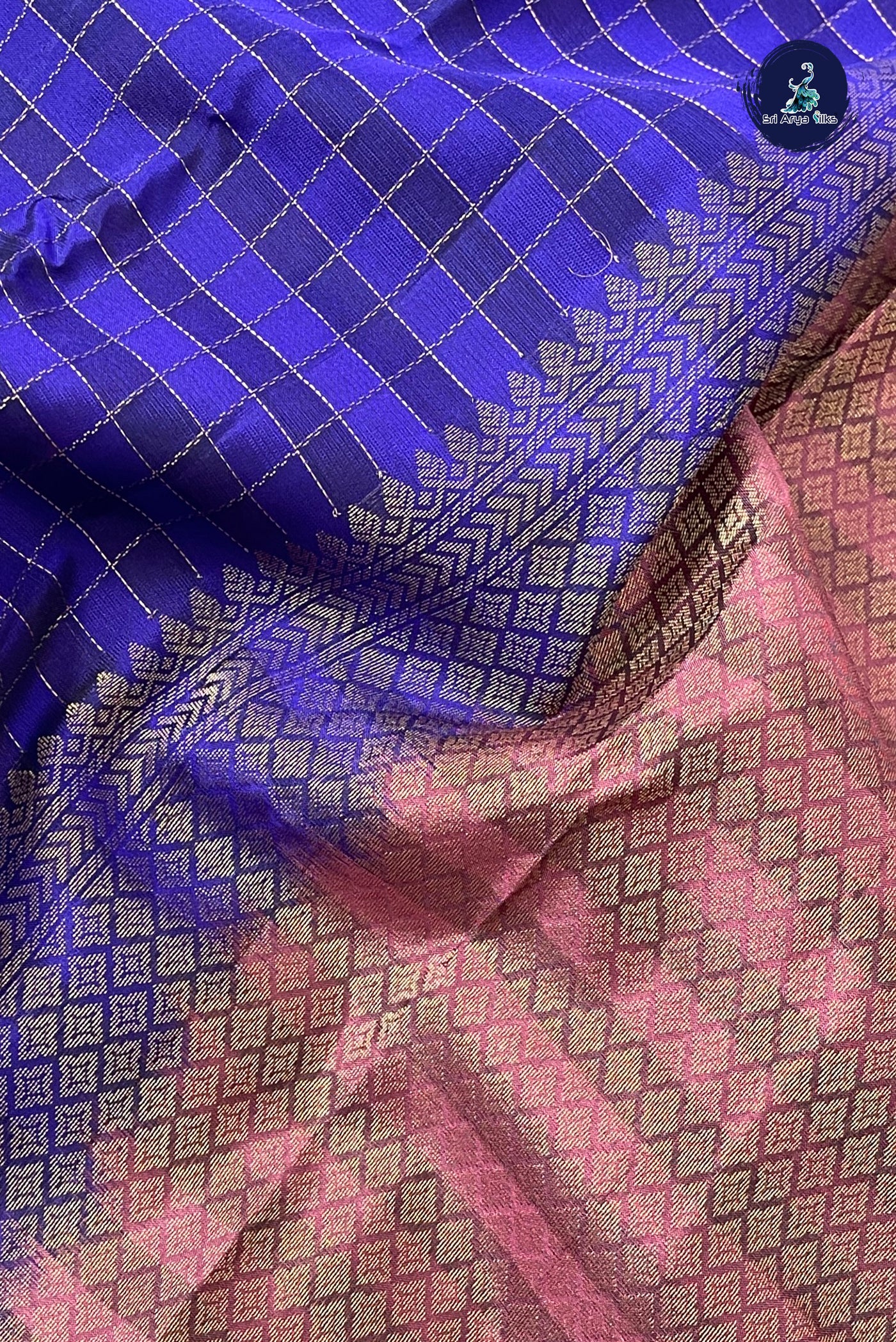 MS Blue Half Pure Silk Saree With Zari Checked Pattern