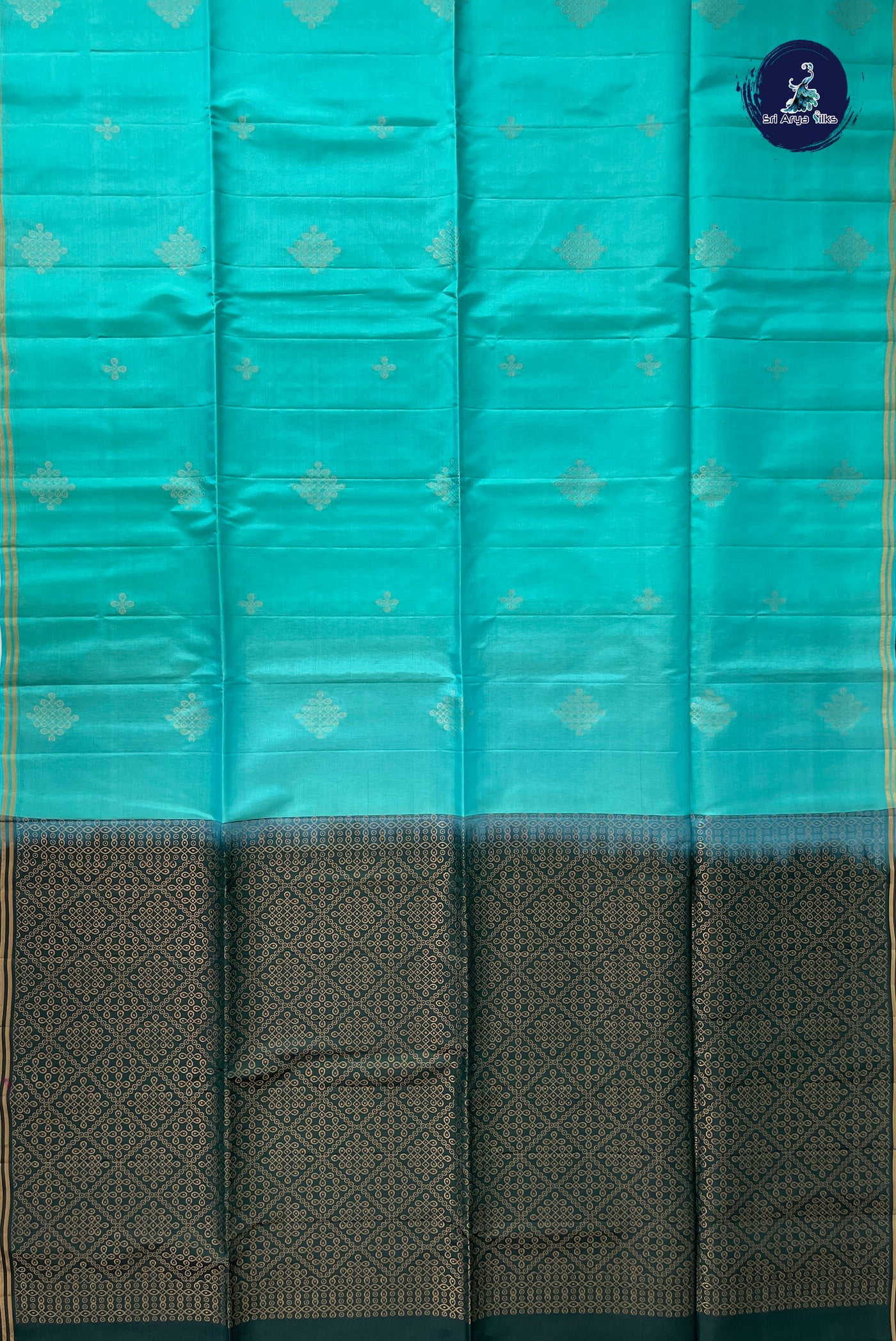 Turquoise Half Pure Silk Saree With Kolam Butta Pattern