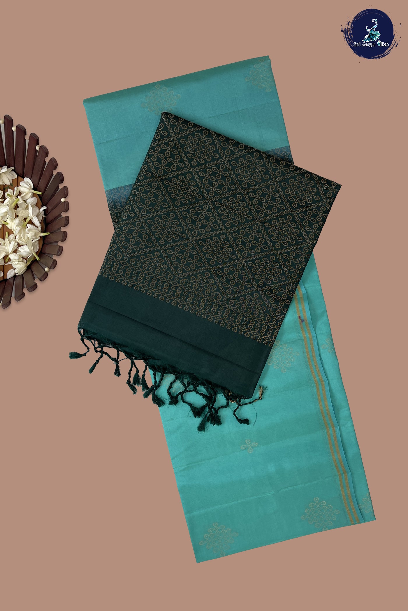 Turquoise Half Pure Silk Saree With Kolam Butta Pattern