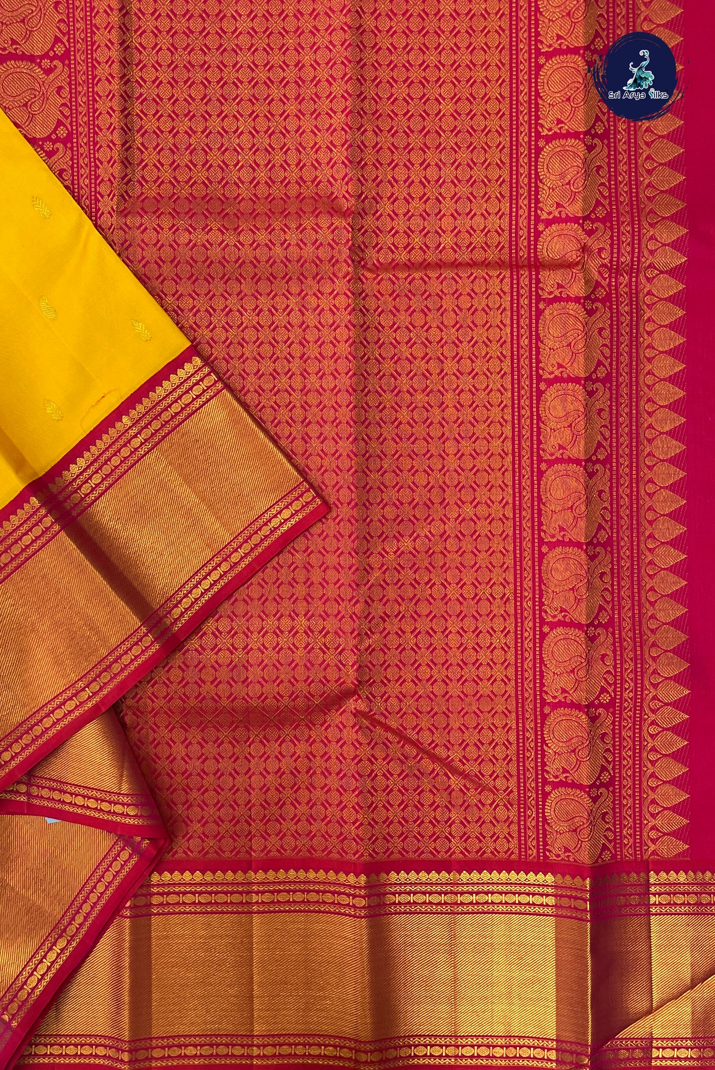 Yellow Korvai Contrast Silk Saree With Zari Buttas Pattern