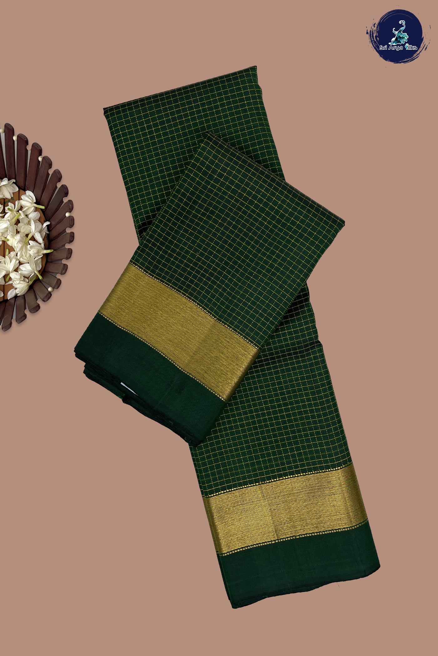Bottle Green Checked Saree With Zari Checked Pattern