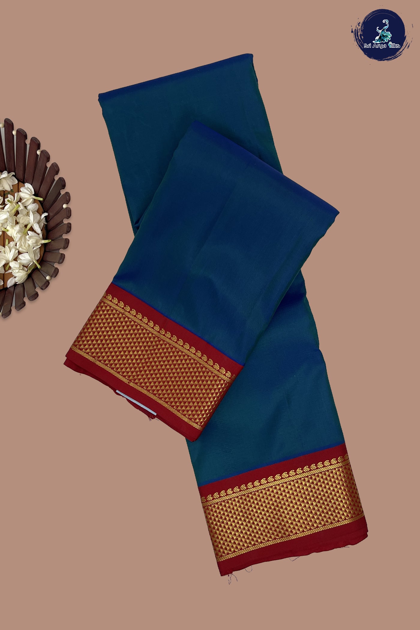 Peacock Blue Korvai Contrast Silk Saree With Plain Pattern