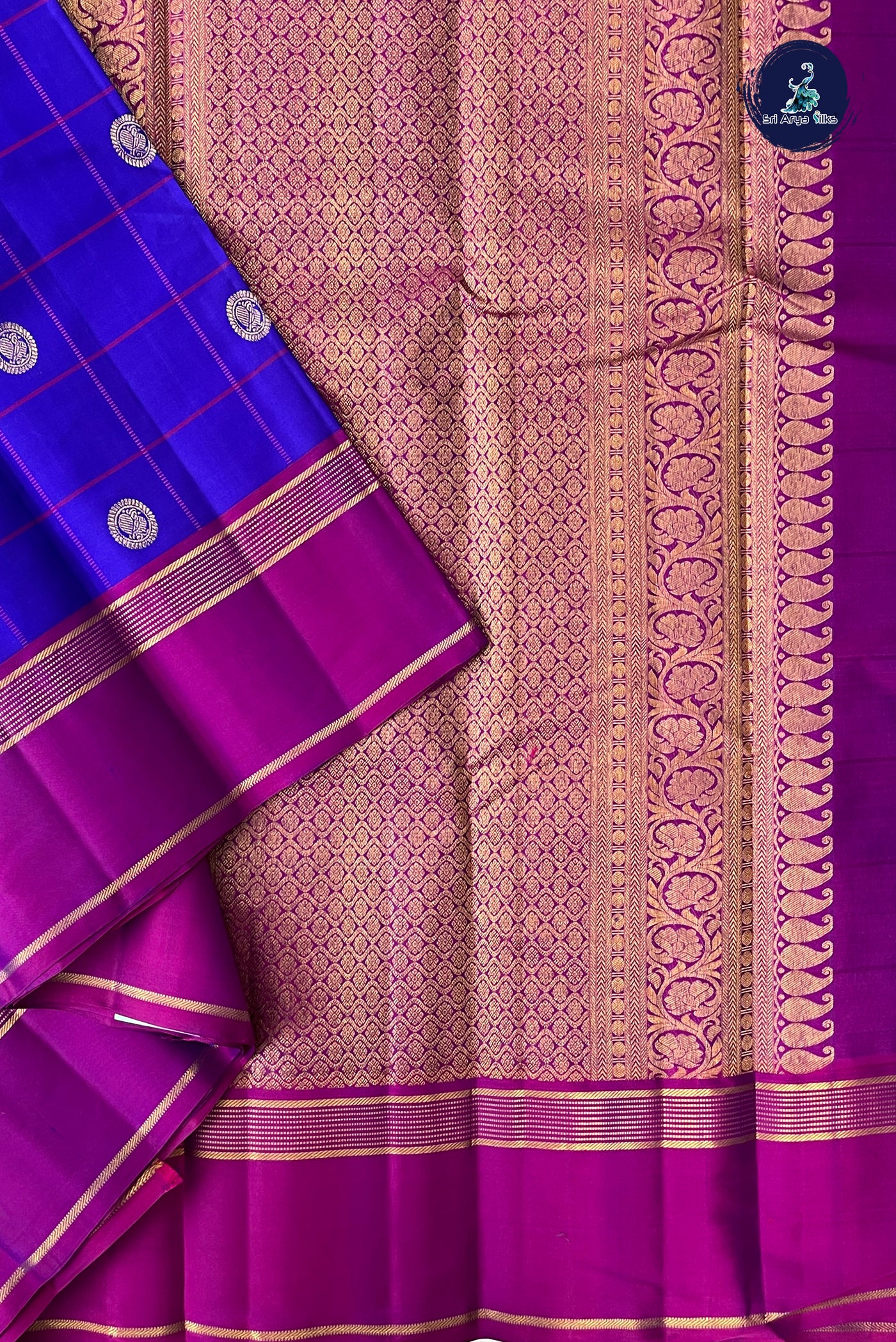 Dark Blue Traditional Silk Saree With Checked Pattern