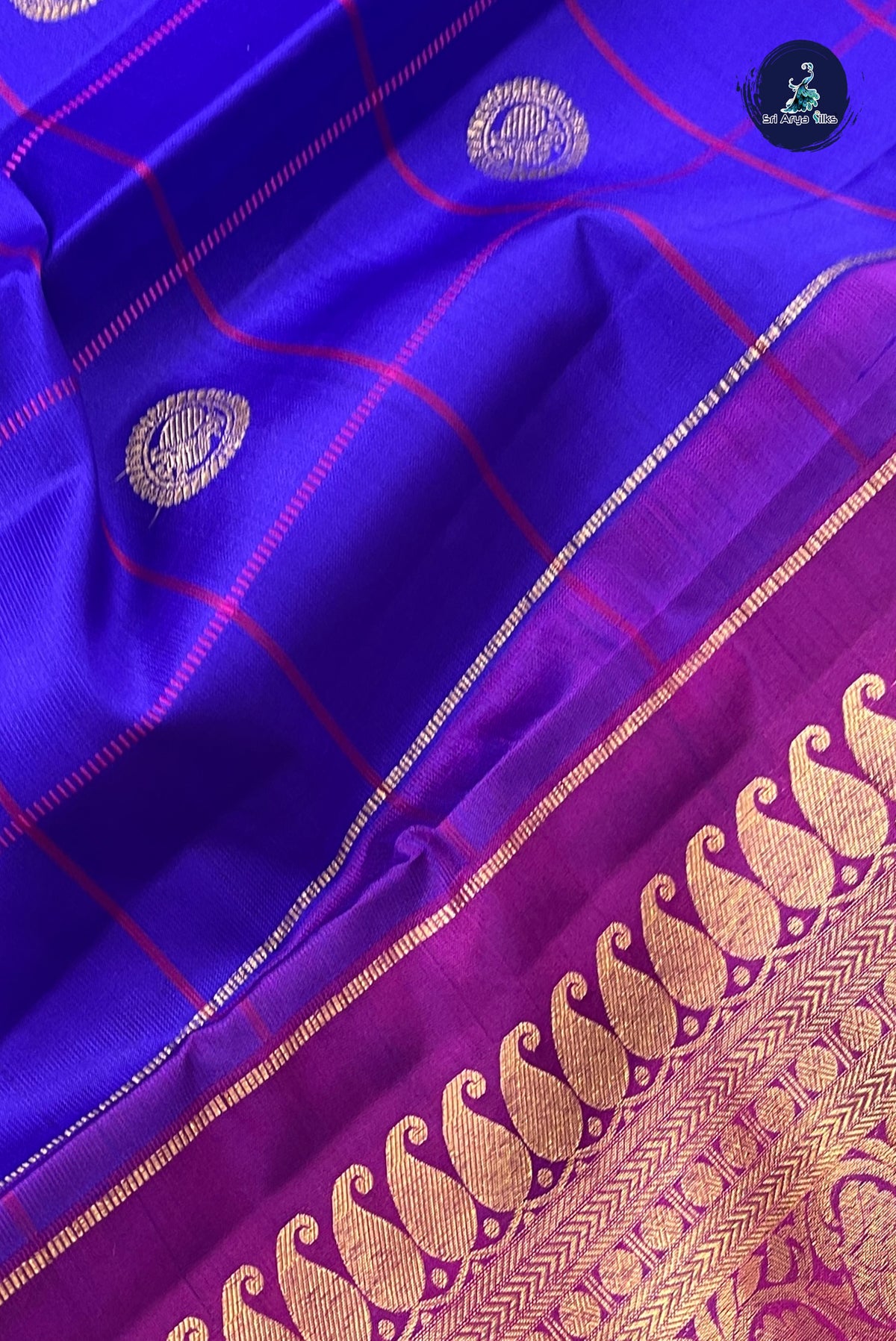Dark Blue Traditional Silk Saree With Checked Pattern