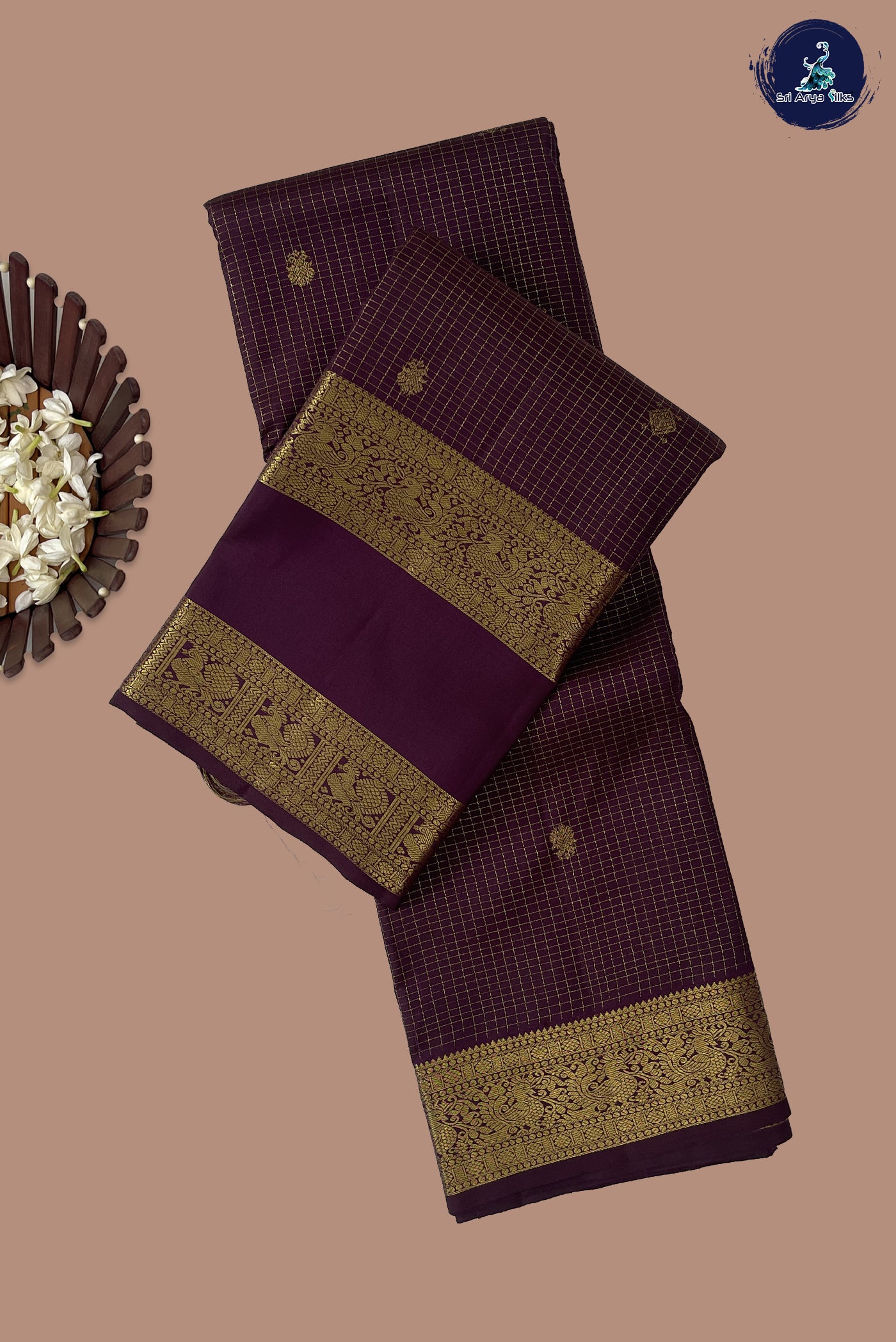 Brown Checked Saree With Zari Checked Pattern