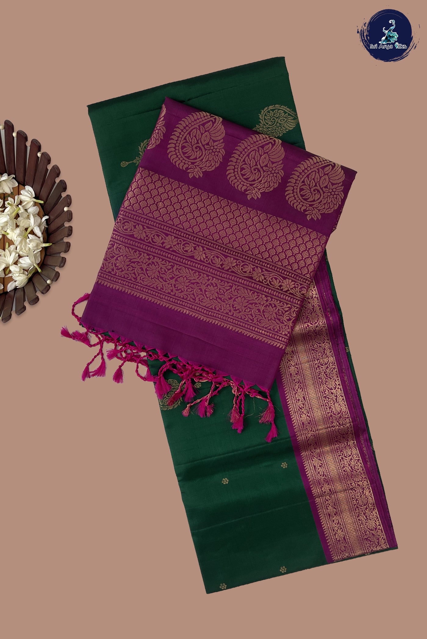 Bottle Green Soft Silk Saree With Zari Buttas Pattern