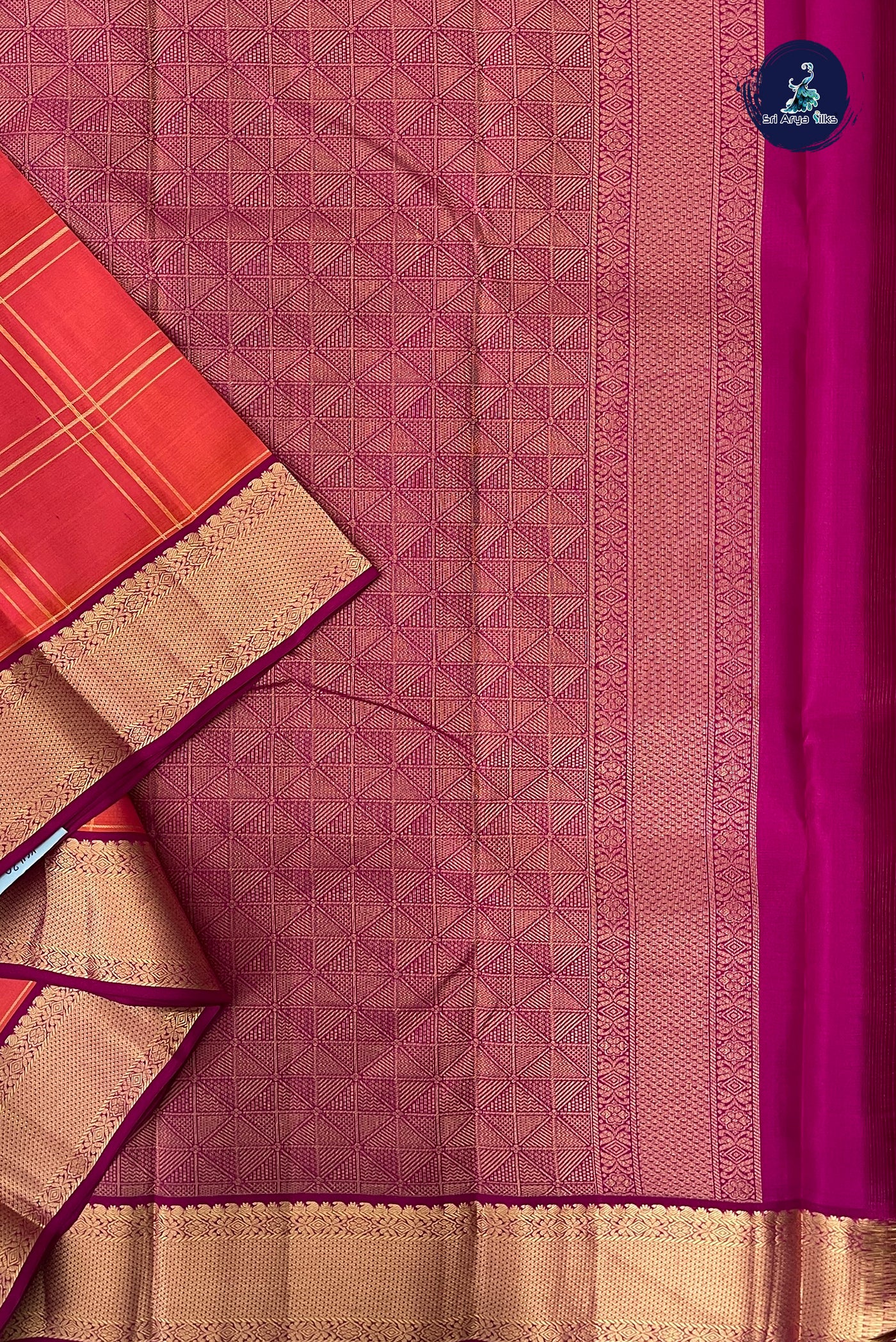 Orangish Pink Checked Silk Saree With Zari Checked Pattern