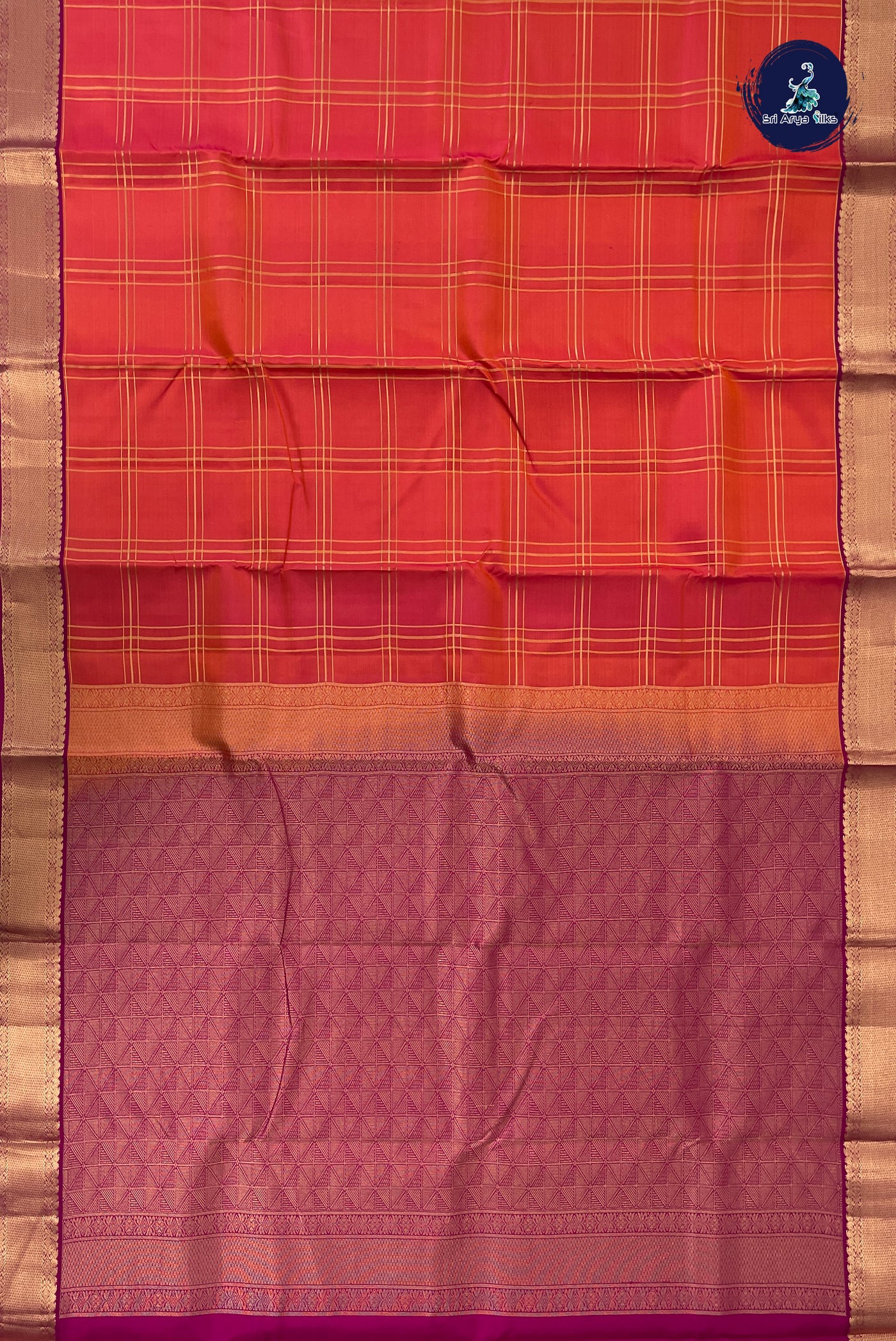 Orangish Pink Checked Silk Saree With Zari Checked Pattern