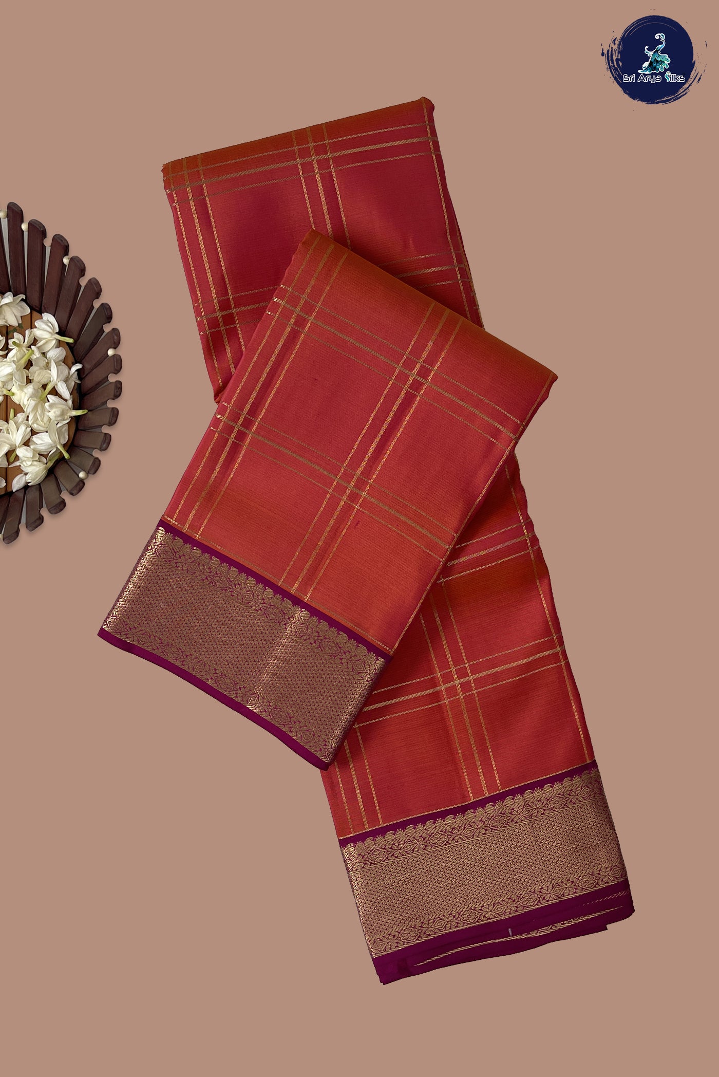 Orangish Pink Checked Silk Saree With Zari Checked Pattern