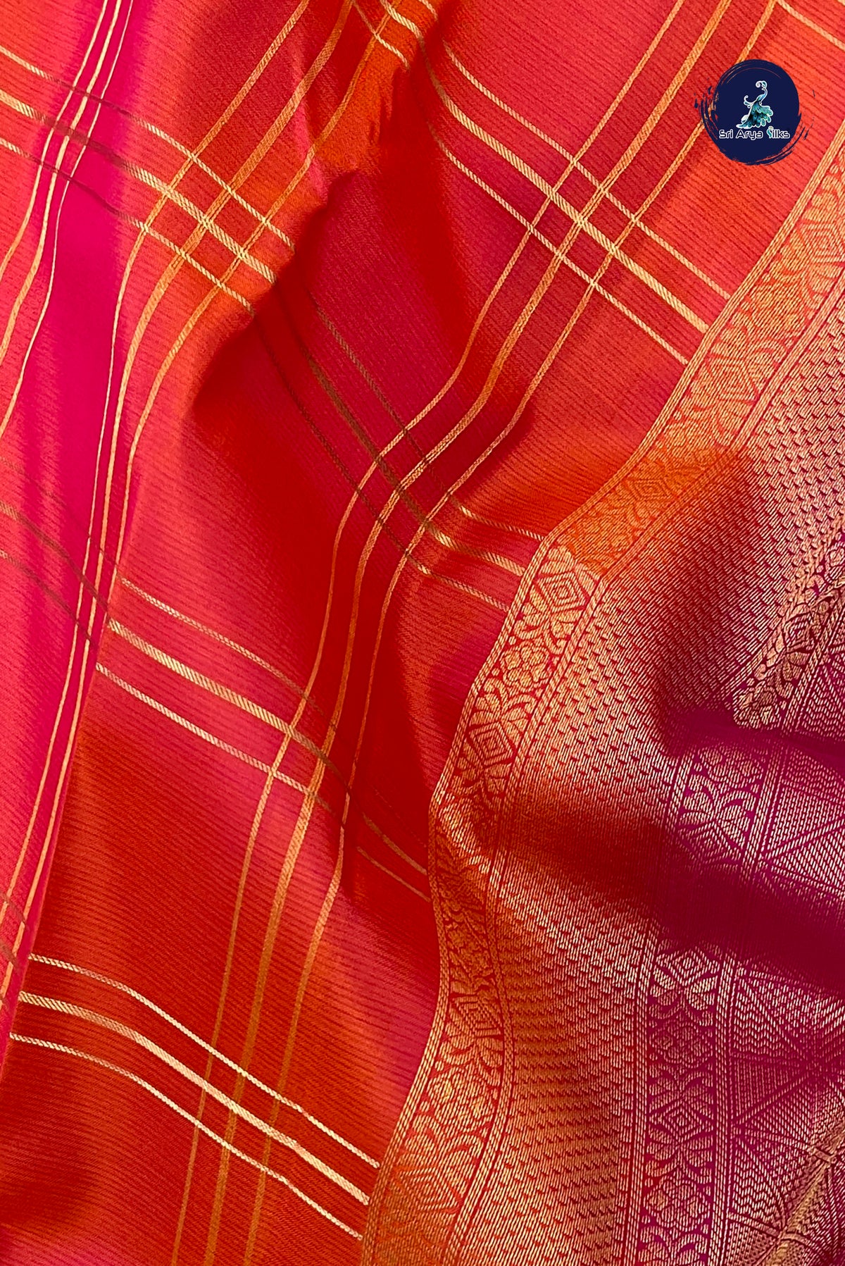 Orangish Pink Checked Silk Saree With Zari Checked Pattern