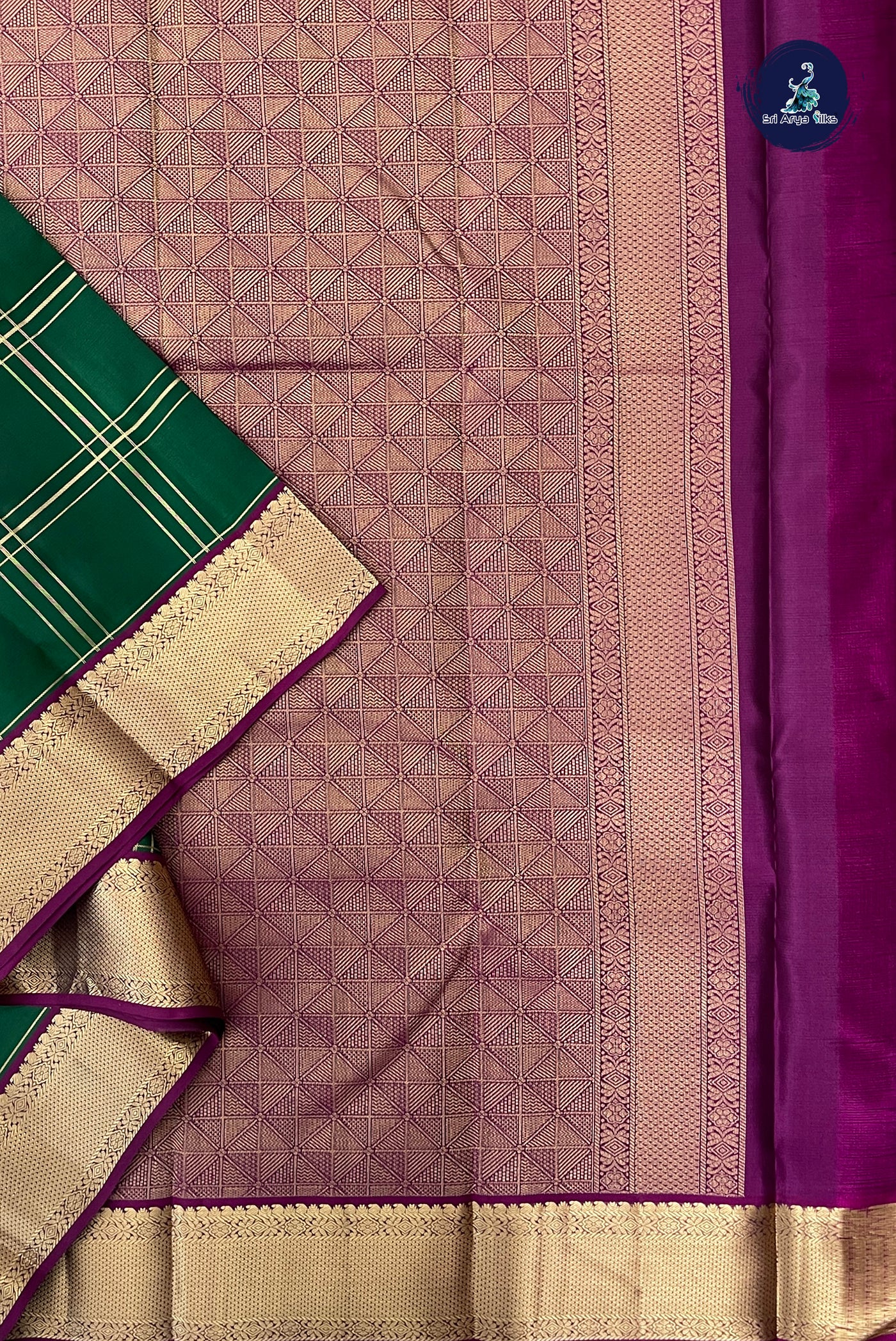 Dark Green Checked Silk Saree With Zari Checked Pattern