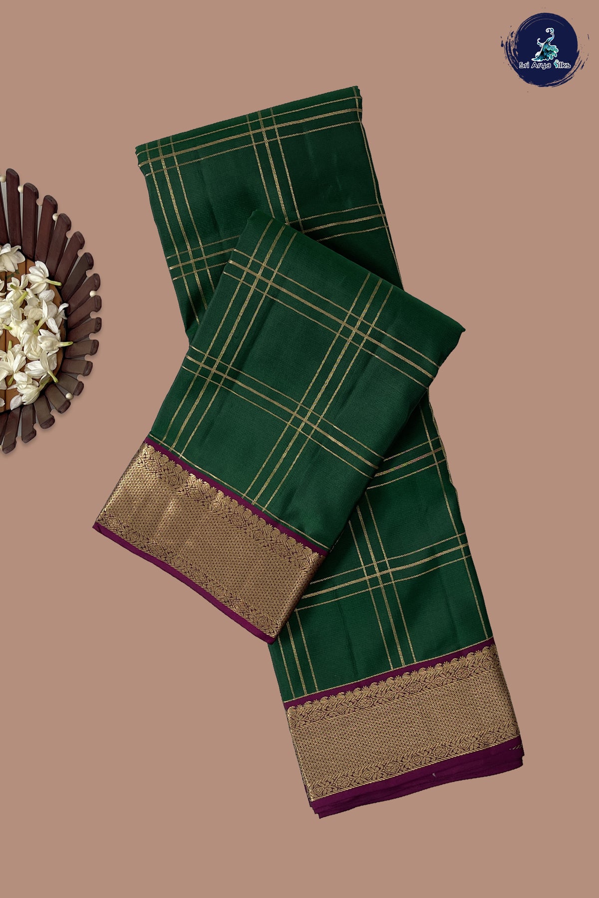Dark Green Checked Silk Saree With Zari Checked Pattern