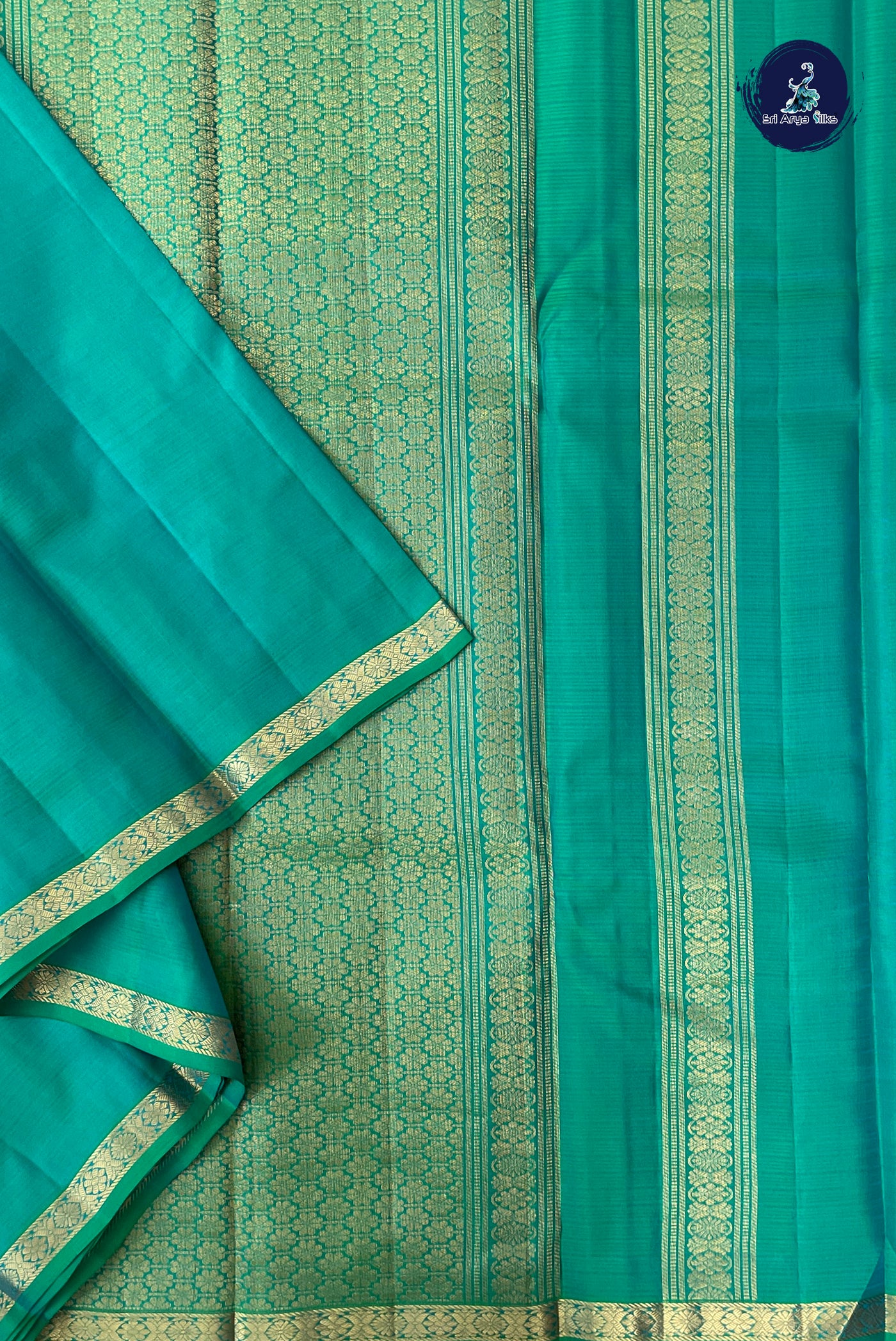 Bluish Green Rettaippade Border Silk Saree With Doria Lines Pattern