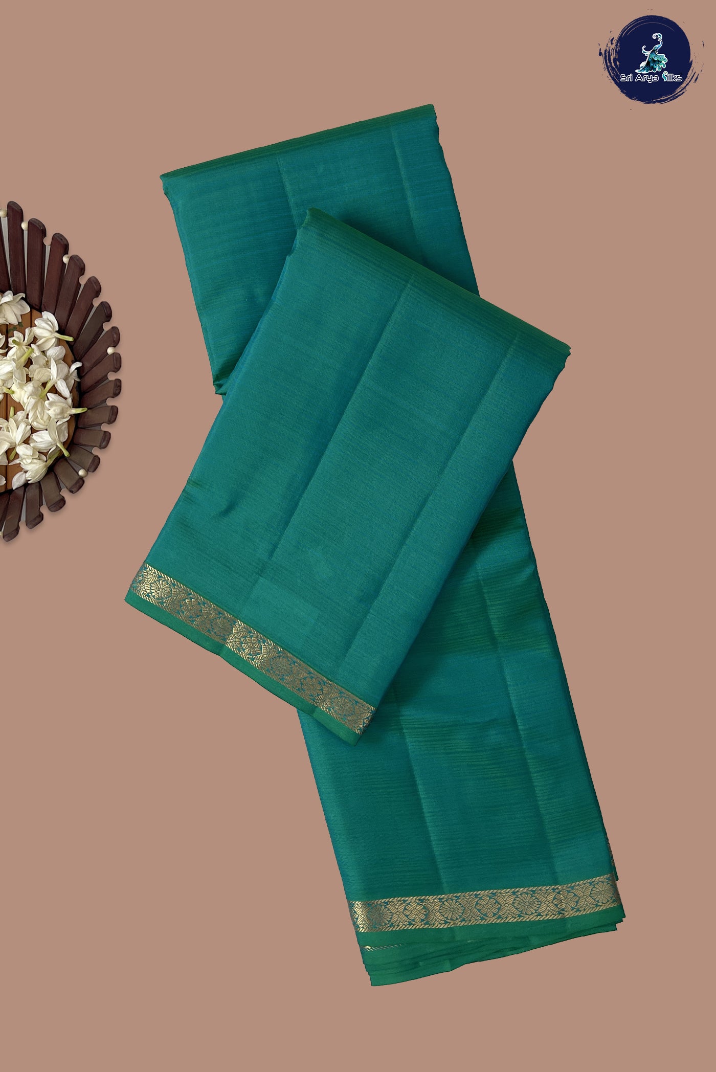 Bluish Green Rettaippade Border Silk Saree With Doria Lines Pattern