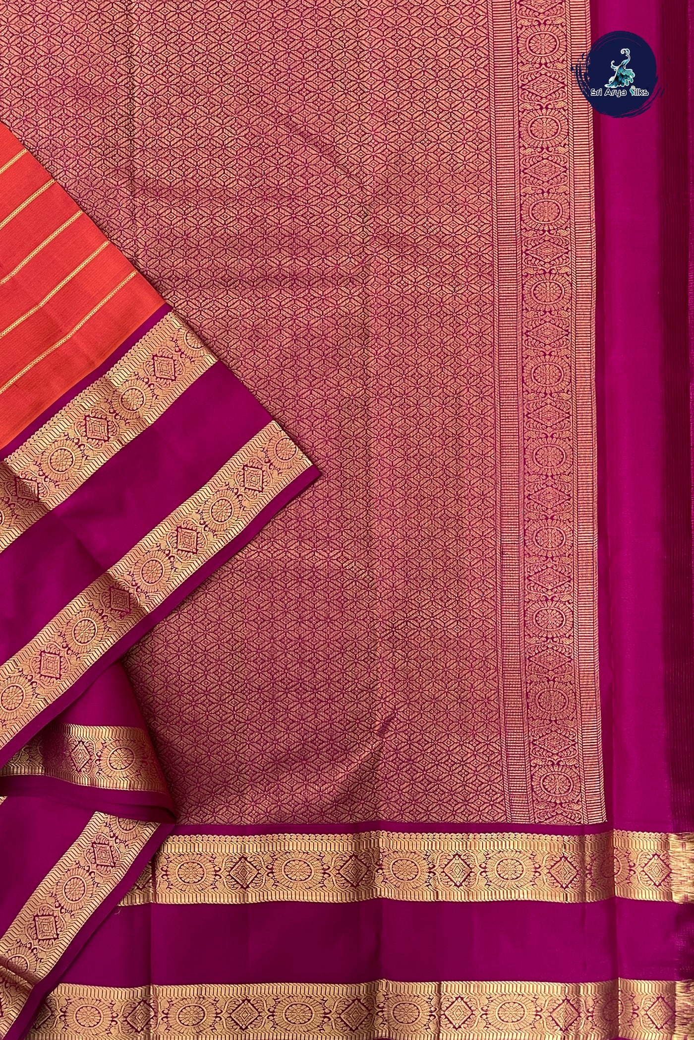 Pinkish Orange Rettaippade Border Silk Saree With Veldhari Stripes Pattern