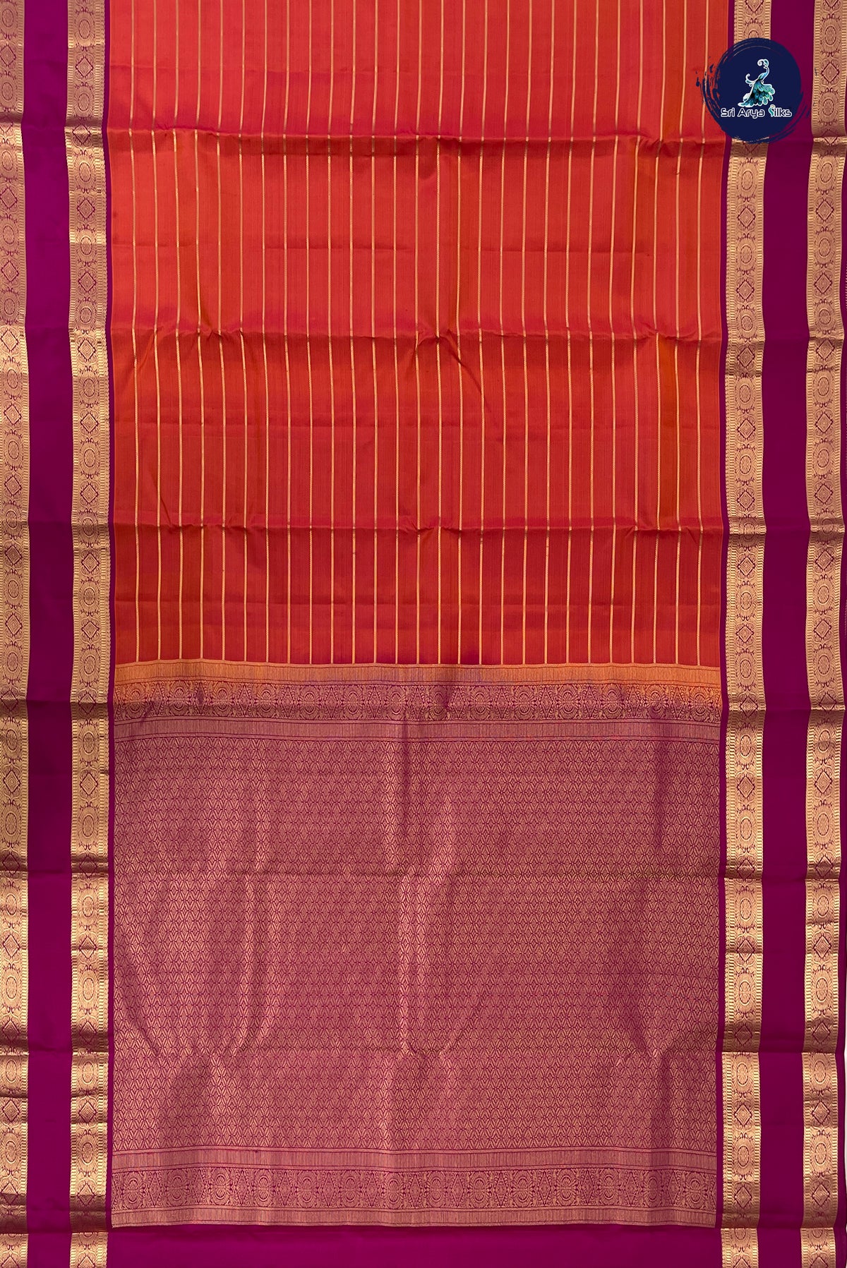 Pinkish Orange Rettaippade Border Silk Saree With Veldhari Stripes Pattern