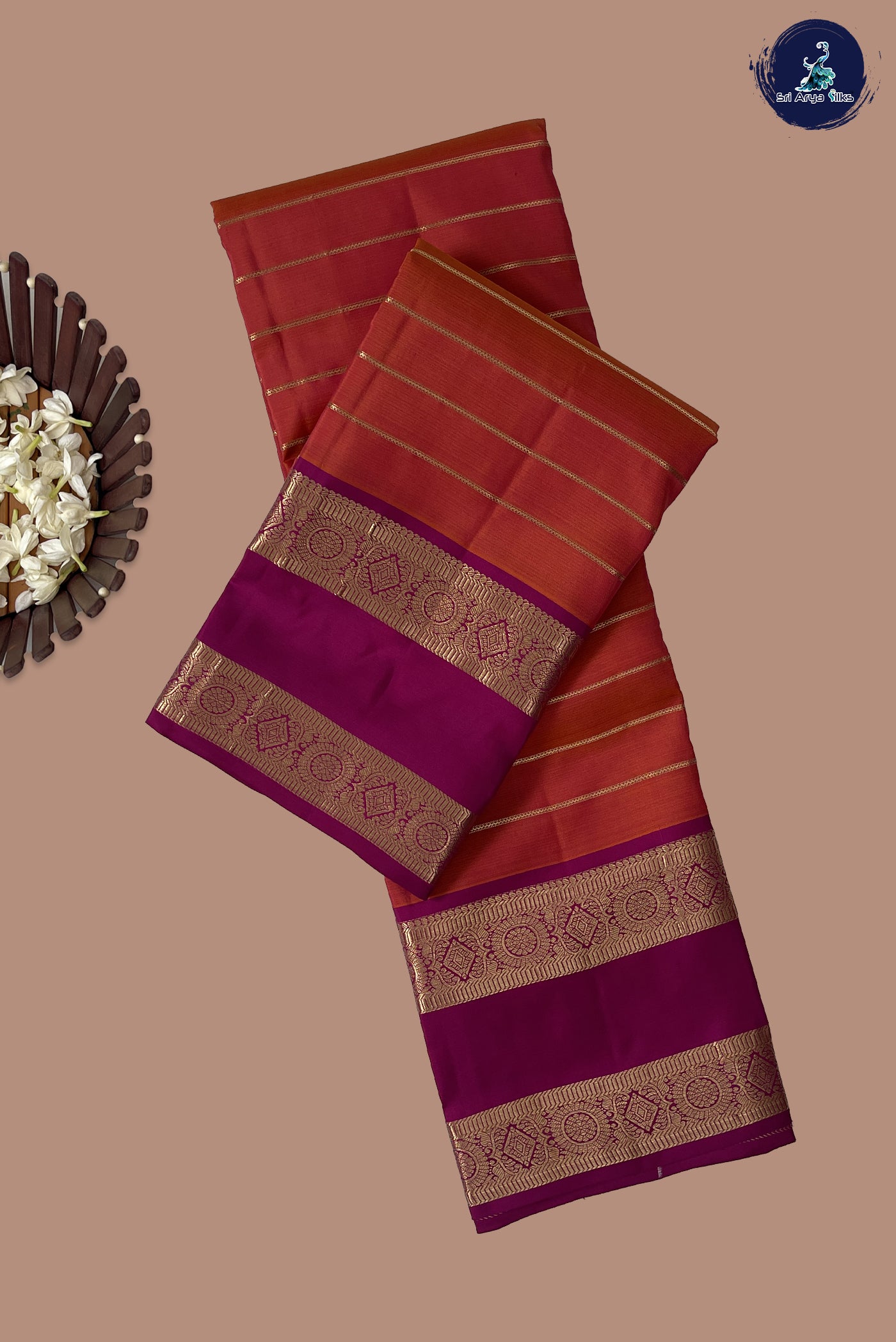 Pinkish Orange Rettaippade Border Silk Saree With Veldhari Stripes Pattern