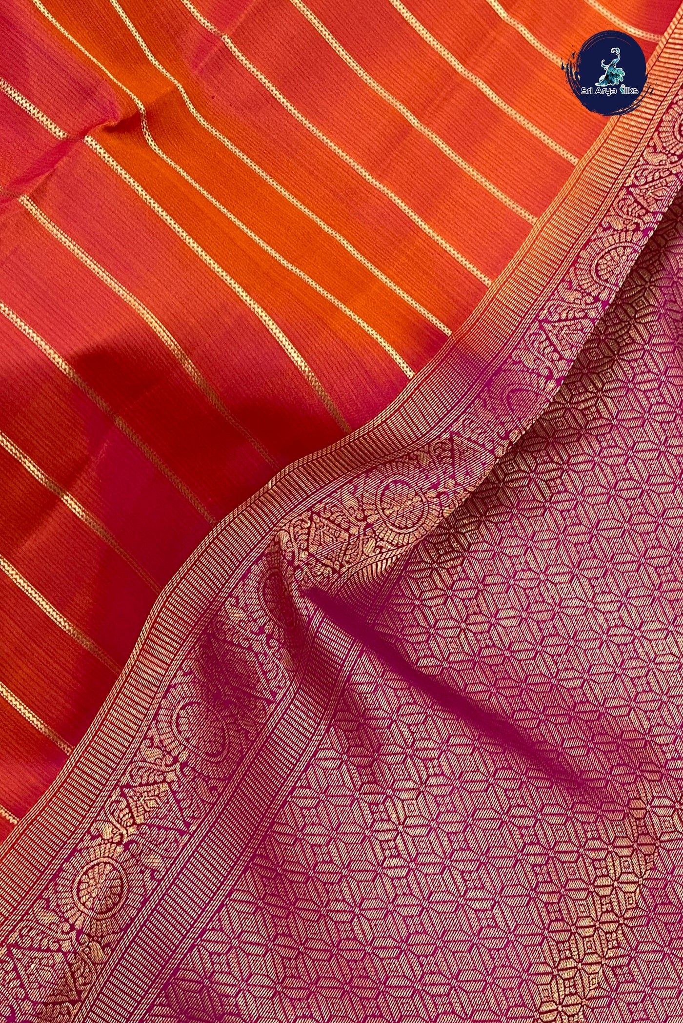 Pinkish Orange Rettaippade Border Silk Saree With Veldhari Stripes Pattern