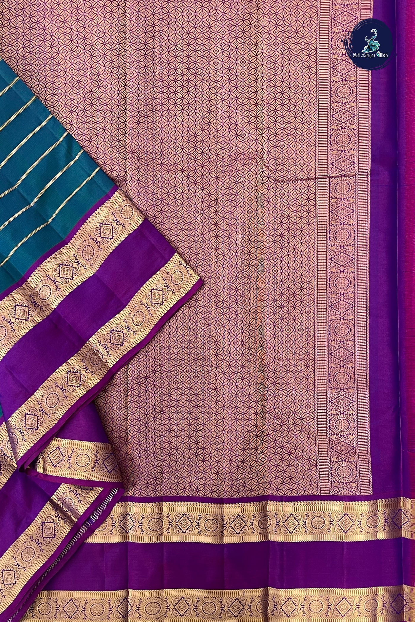 Peacock Blue Rettaippade Border Silk Saree With Veldhari Stripes Pattern