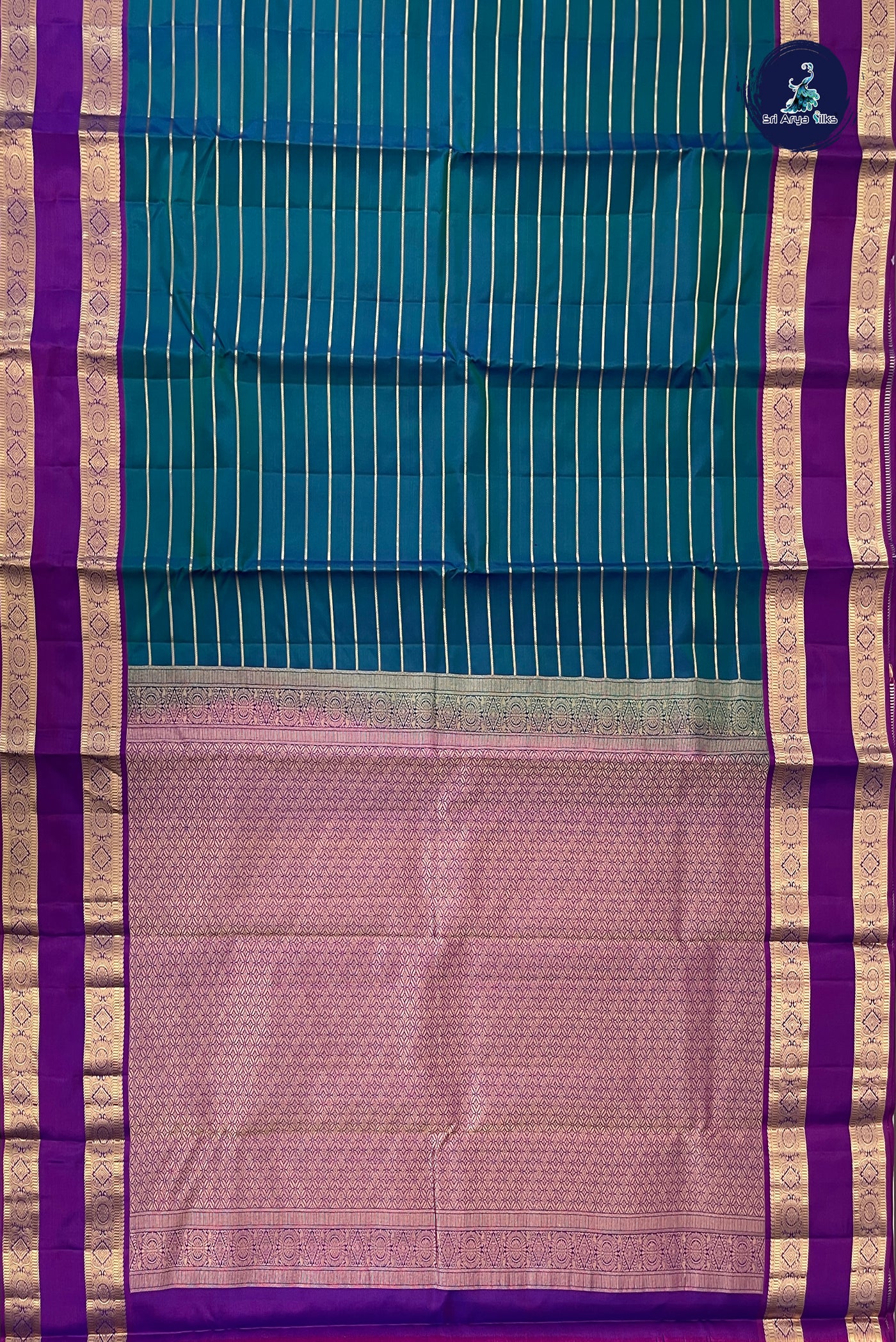 Peacock Blue Rettaippade Border Silk Saree With Veldhari Stripes Pattern