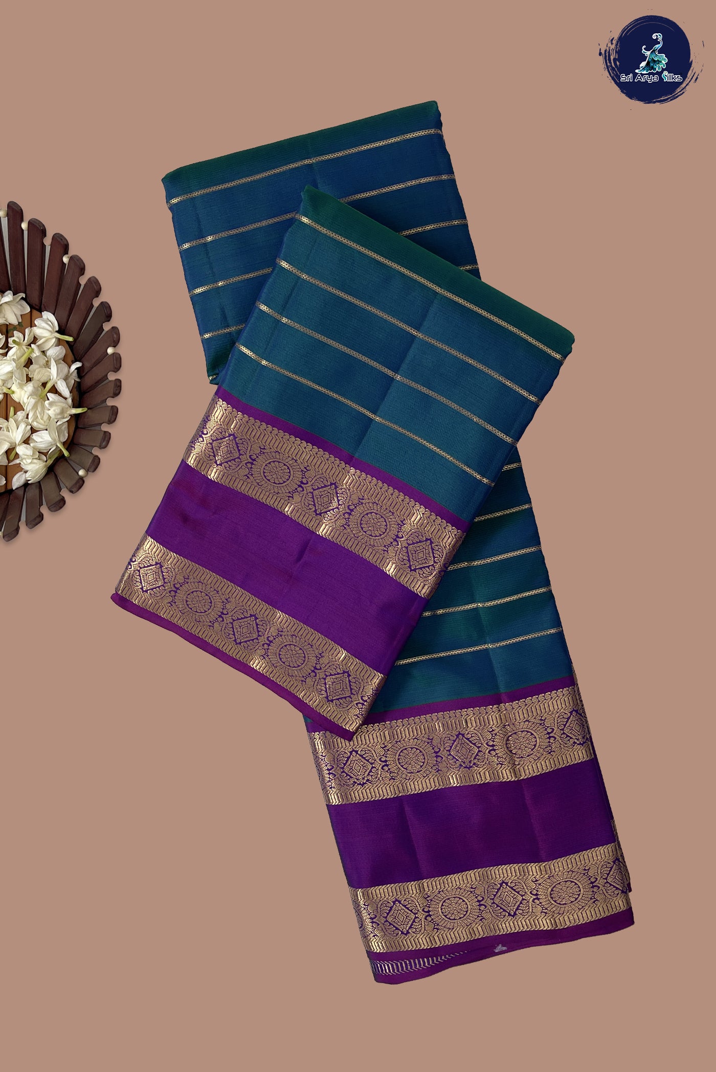 Peacock Blue Rettaippade Border Silk Saree With Veldhari Stripes Pattern