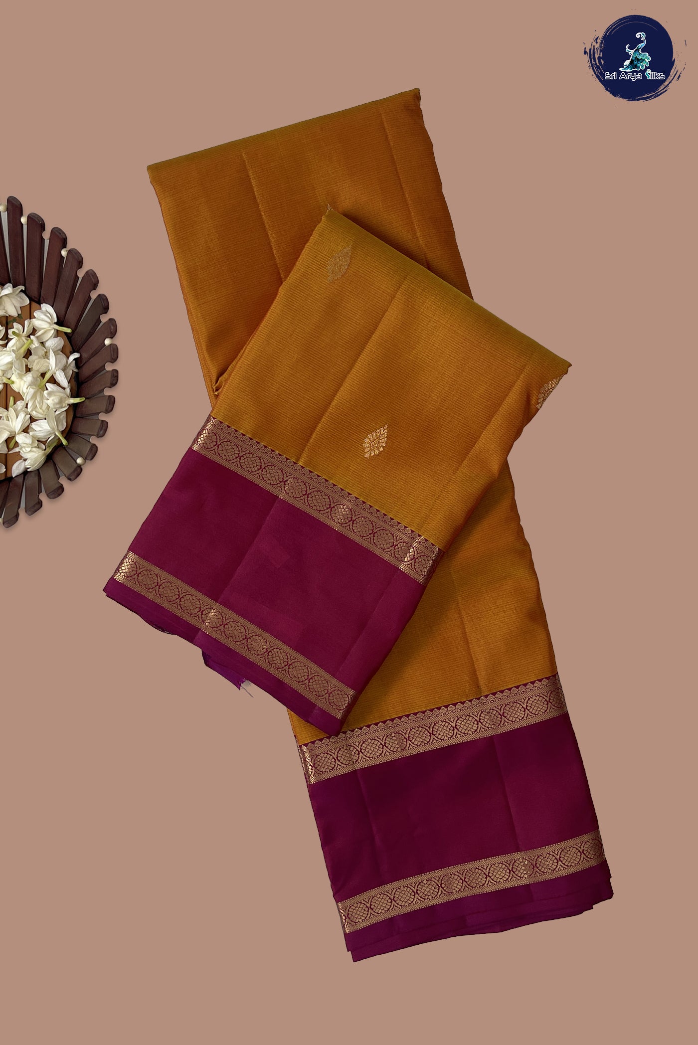 Lite Mustard Orange Rettaippade Border Silk Saree With Zari Buttas Pattern