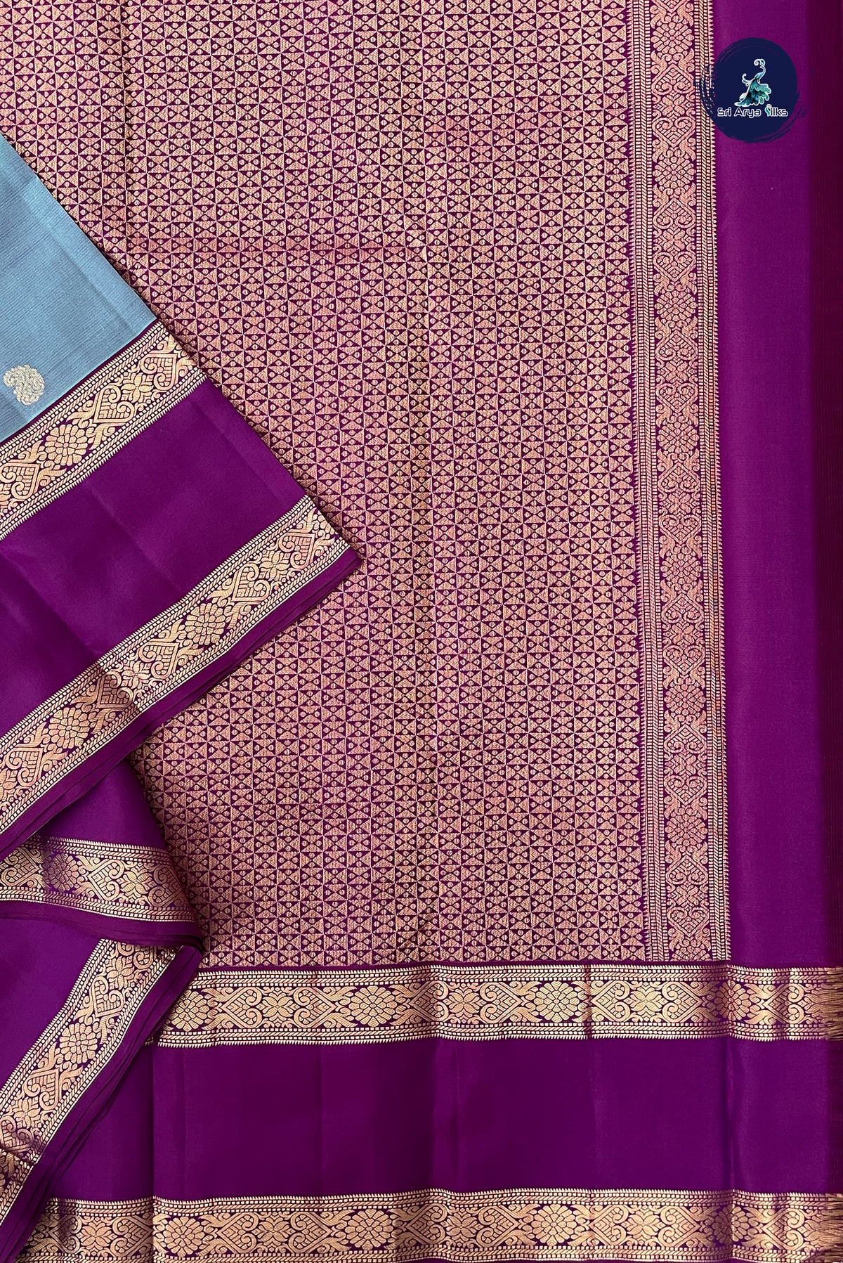 Dual Tone Blue Rettaippade Border Silk Saree With Zari Buttas Pattern