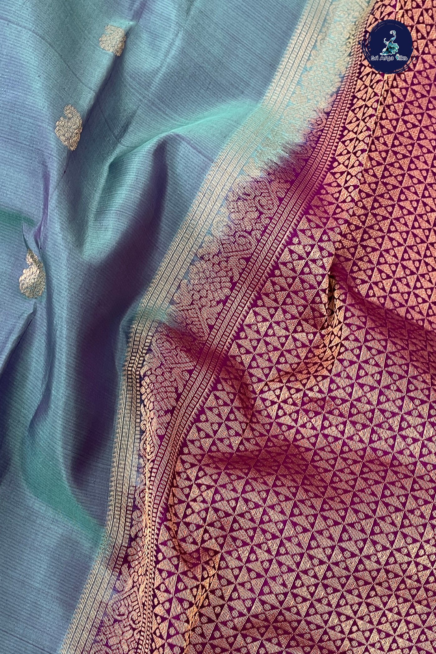 Dual Tone Blue Rettaippade Border Silk Saree With Zari Buttas Pattern