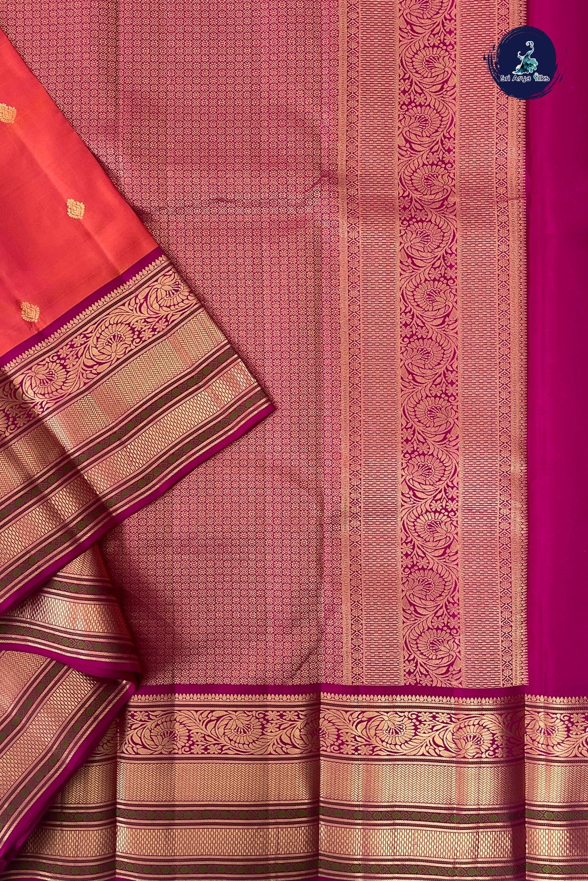 Pinkish Orange Traditional Silk Saree With Zari Buttas Pattern