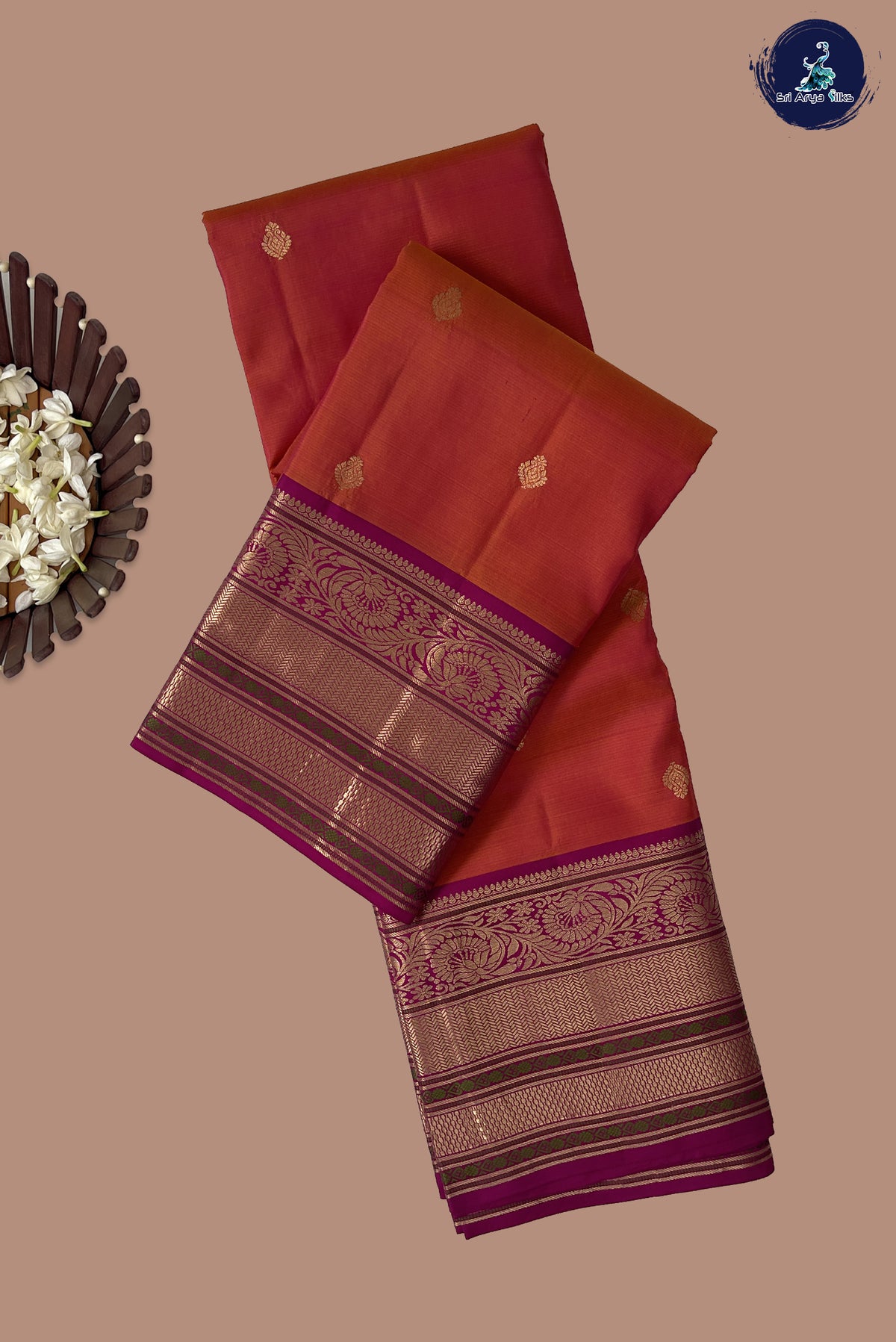 Pinkish Orange Traditional Silk Saree With Zari Buttas Pattern